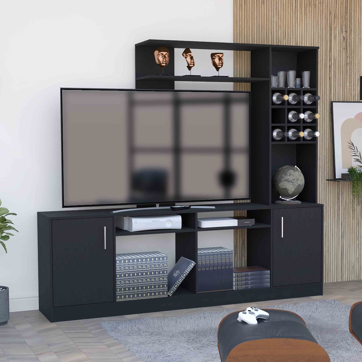 Kava Entertainment Center, Six External Shelves, Double Door Cabinet, Storage Spaces for TV´s up 37" -Black