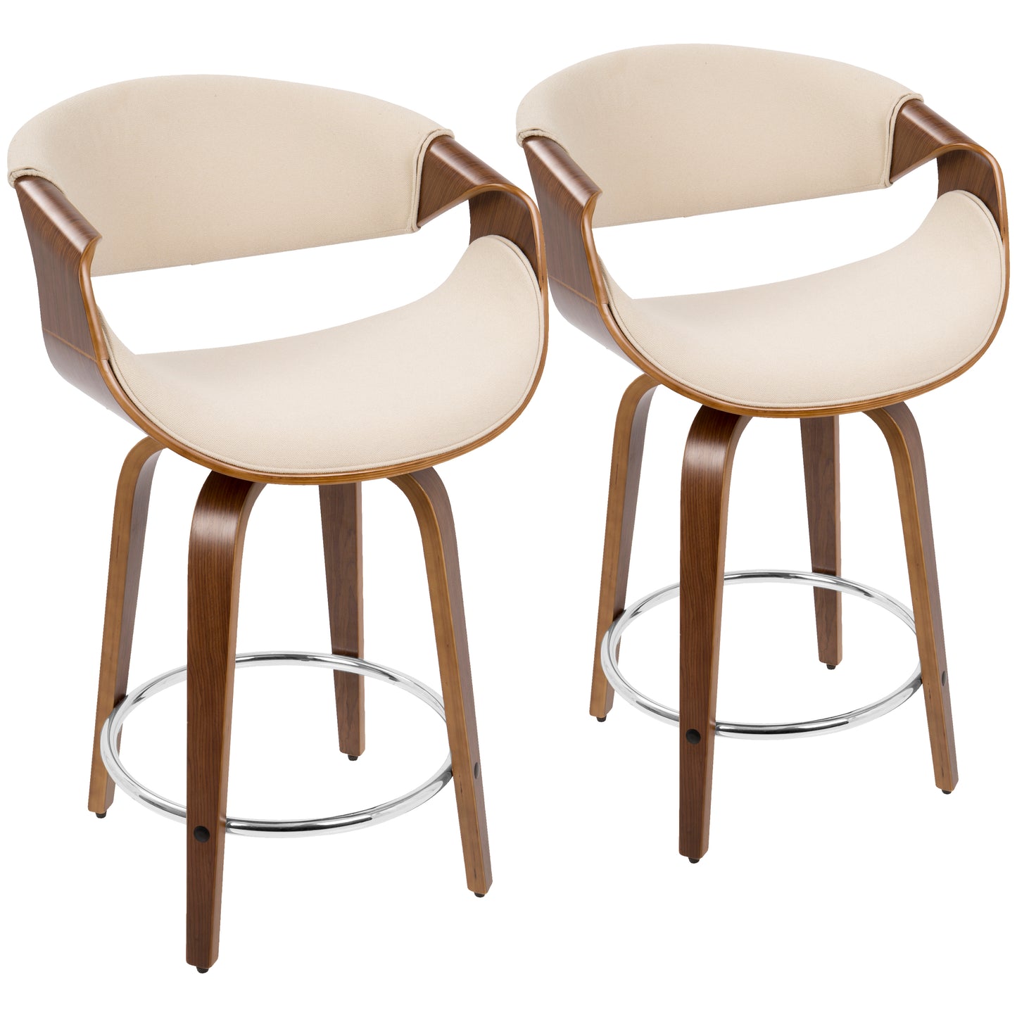 Mid-Century Modern Counter Stool in Walnut Wood and Cream Fabric - Set of 2