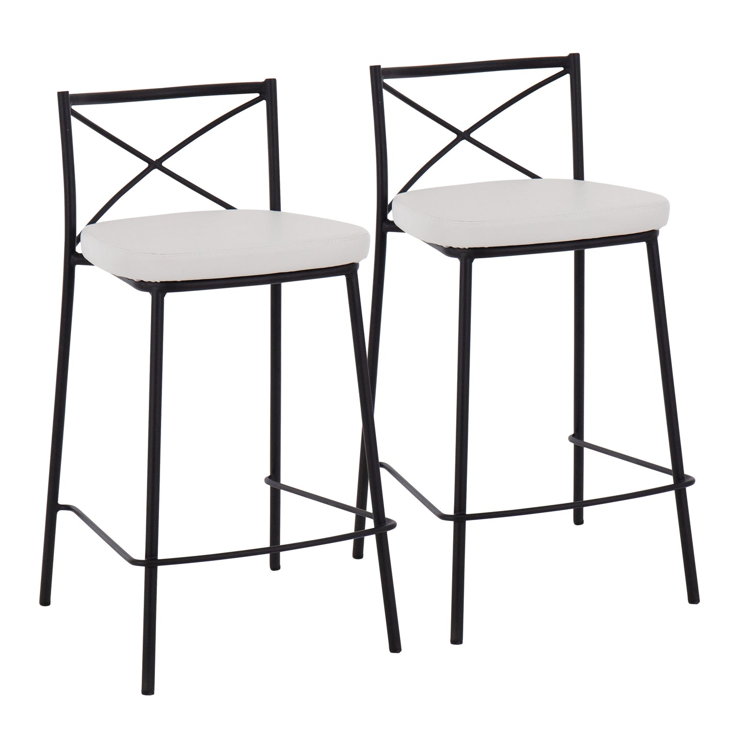 Modern 25" Contemporary Fixed-Height Counter Stool in Black Metal and White Faux Leather - Set of 2