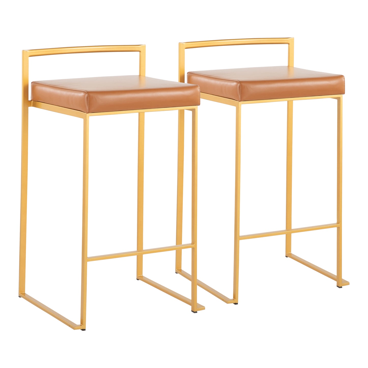 Contemporary Stackable Counter Stool in Gold with Camel Faux Leather Cushion - Set of 2