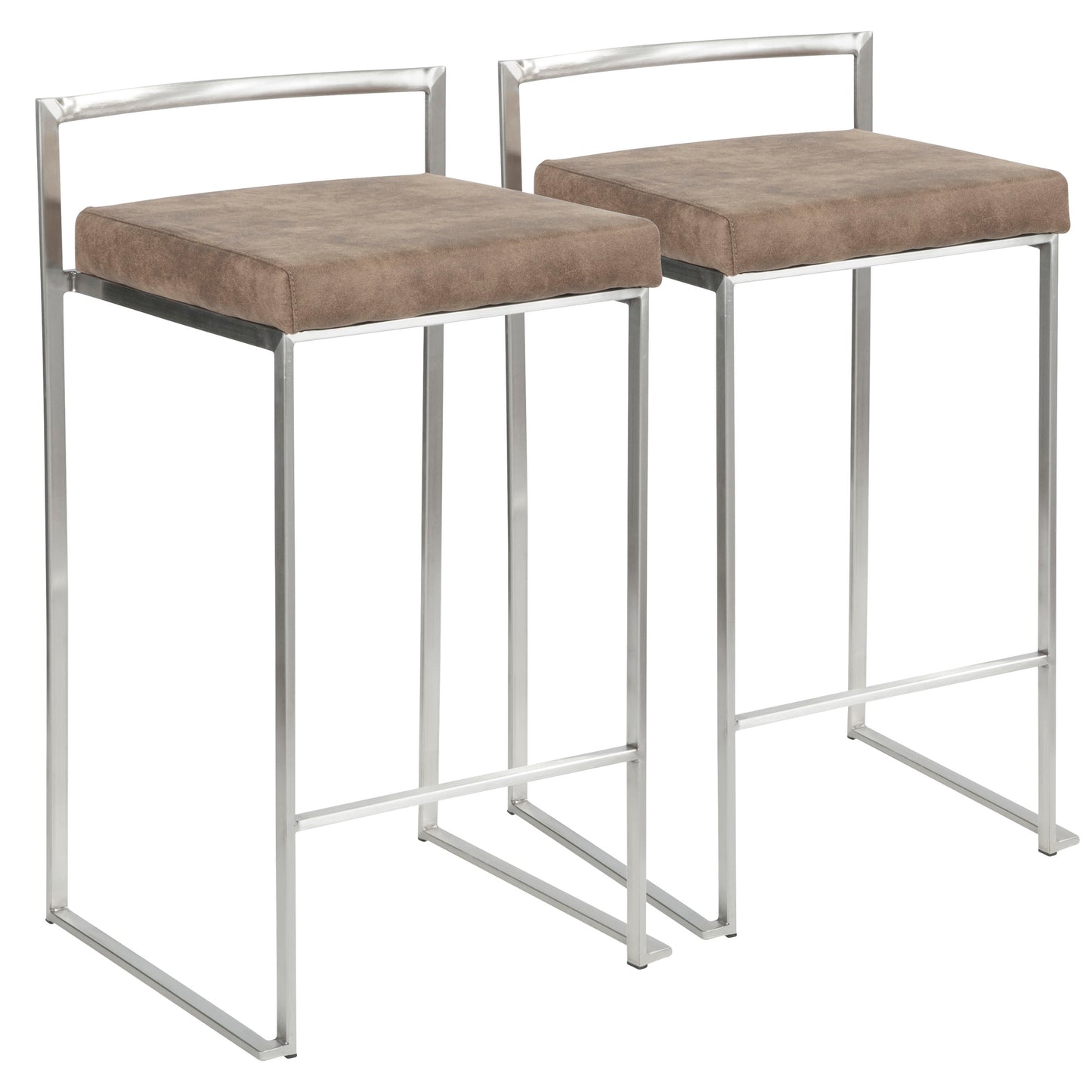 Contemporary Stackable Counter Stool in Stainless Steel with Brown Cowboy Fabric Cushion - Set of 2