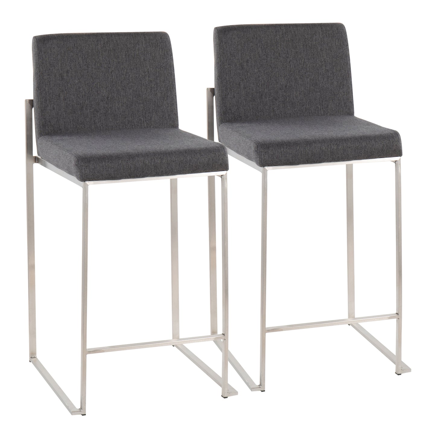 Contemporary High Back Counter Stool in Stainless Steel and Charcoal Fabric - Set of 2