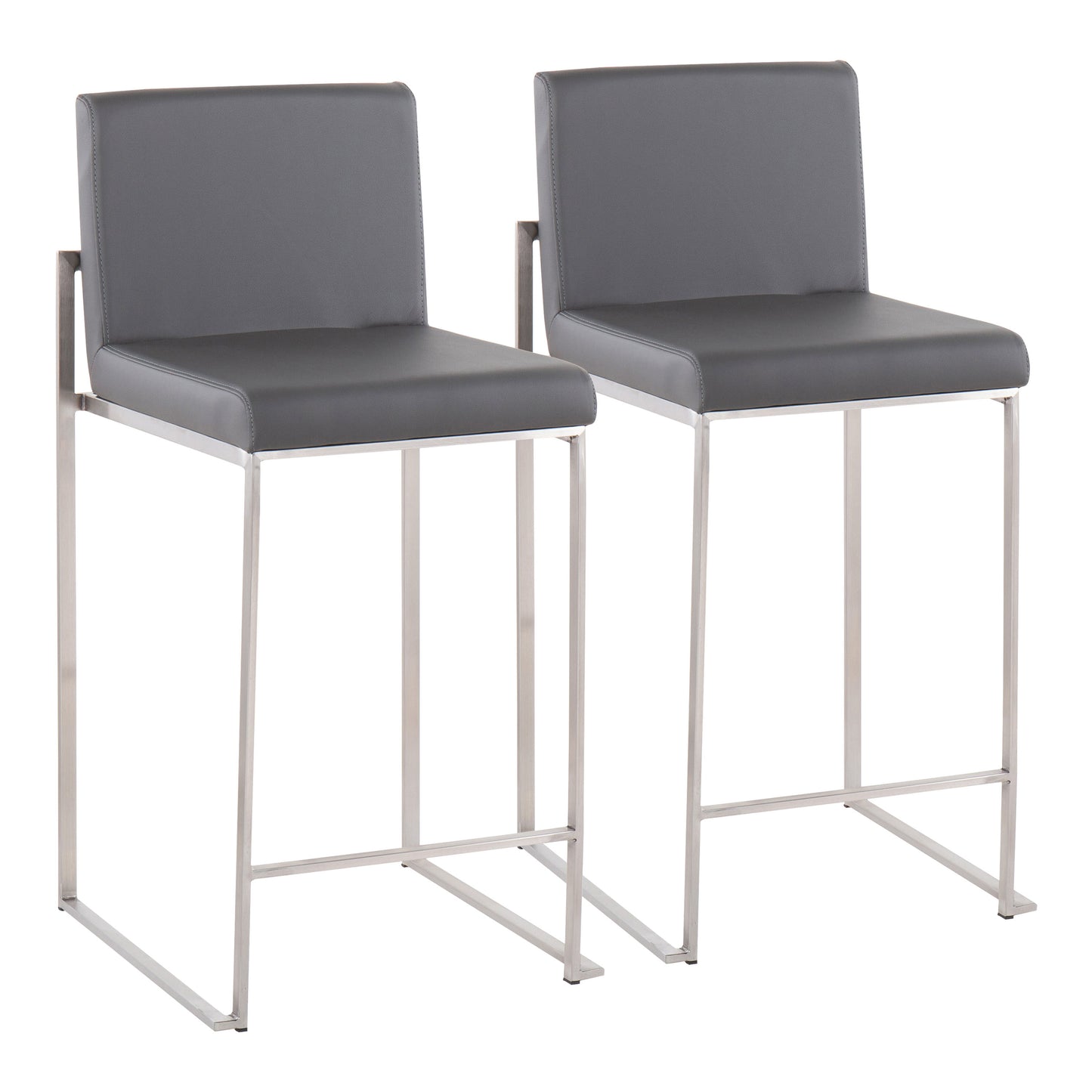 Contemporary High Back Counter Stool in Stainless Steel and Grey Faux Leather - Set of 2