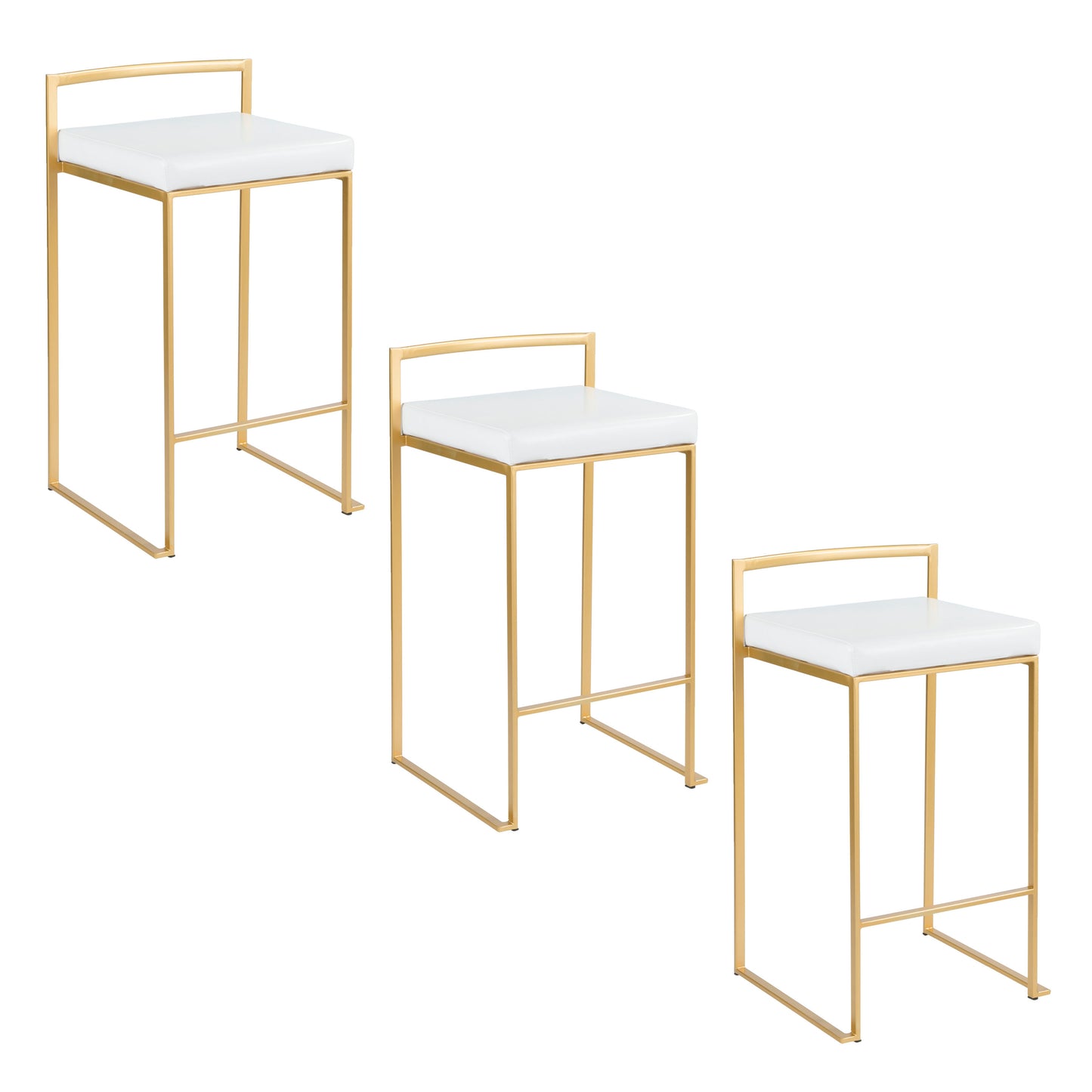 26" Contemporary Counter Stool in Gold Metal with White Faux Leather - Set of 3