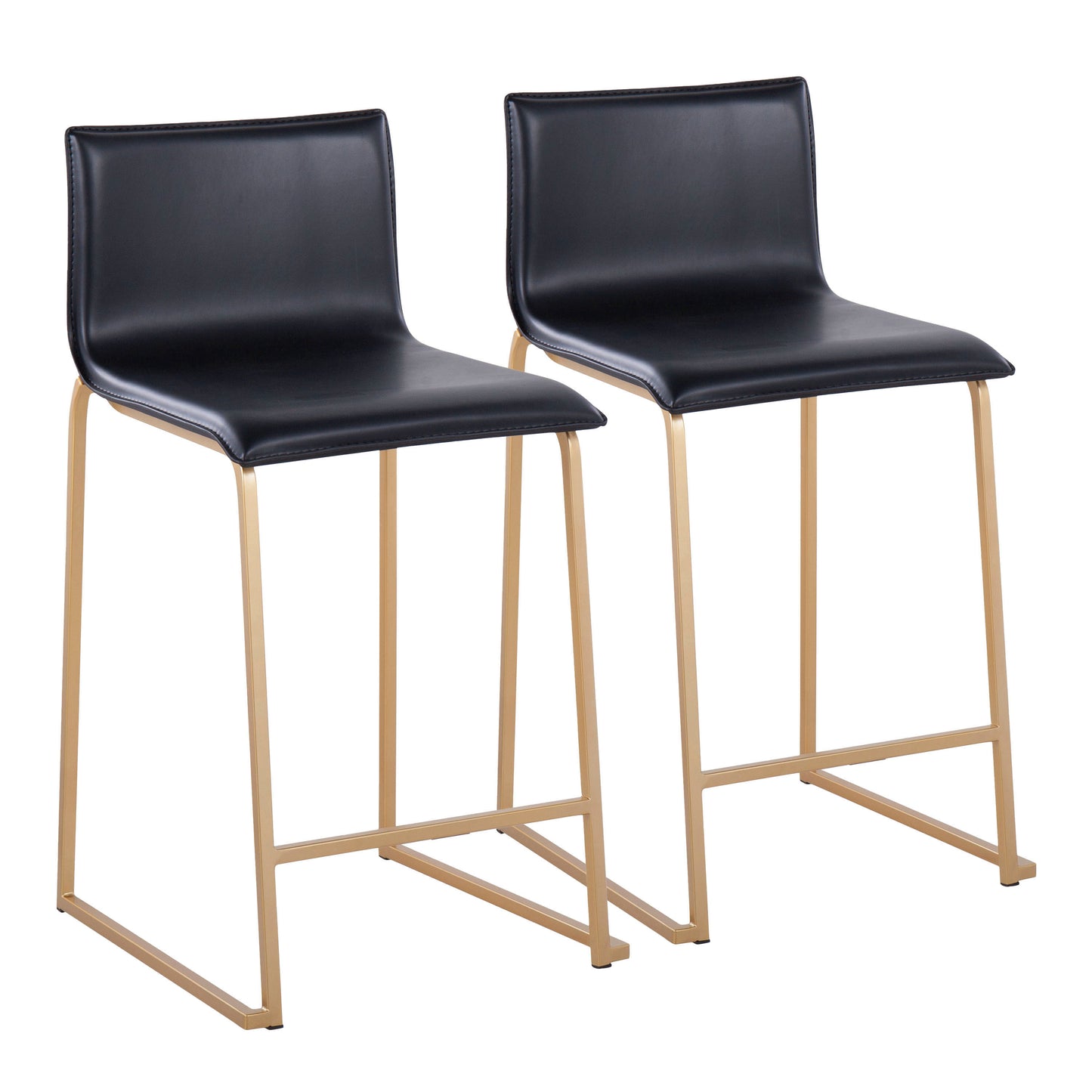 26" Contemporary Counter Stool in Gold Metal and Black Faux Leather - Set of 2