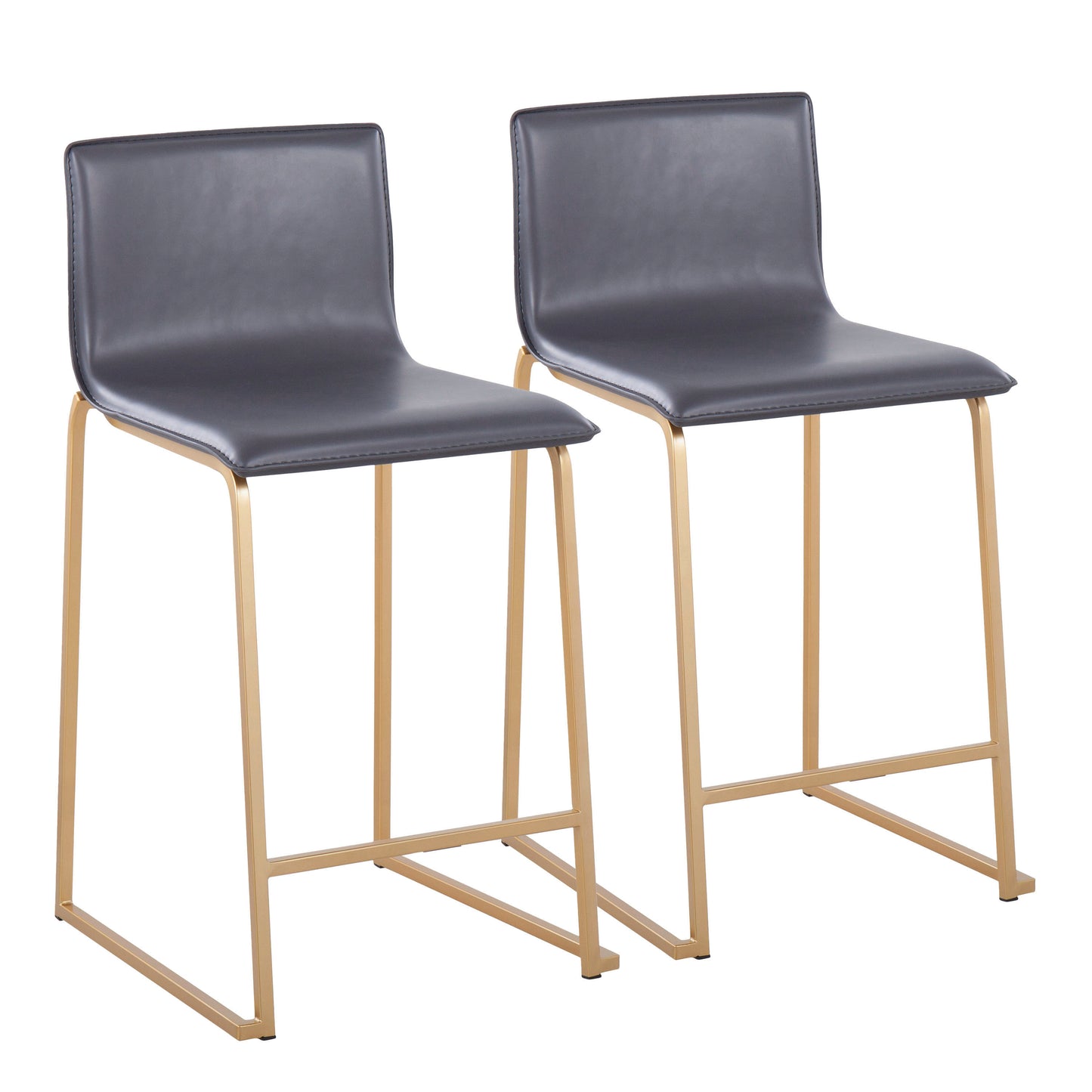 26" Contemporary Counter Stool in Gold Metal and Grey Faux Leather - Set of 2