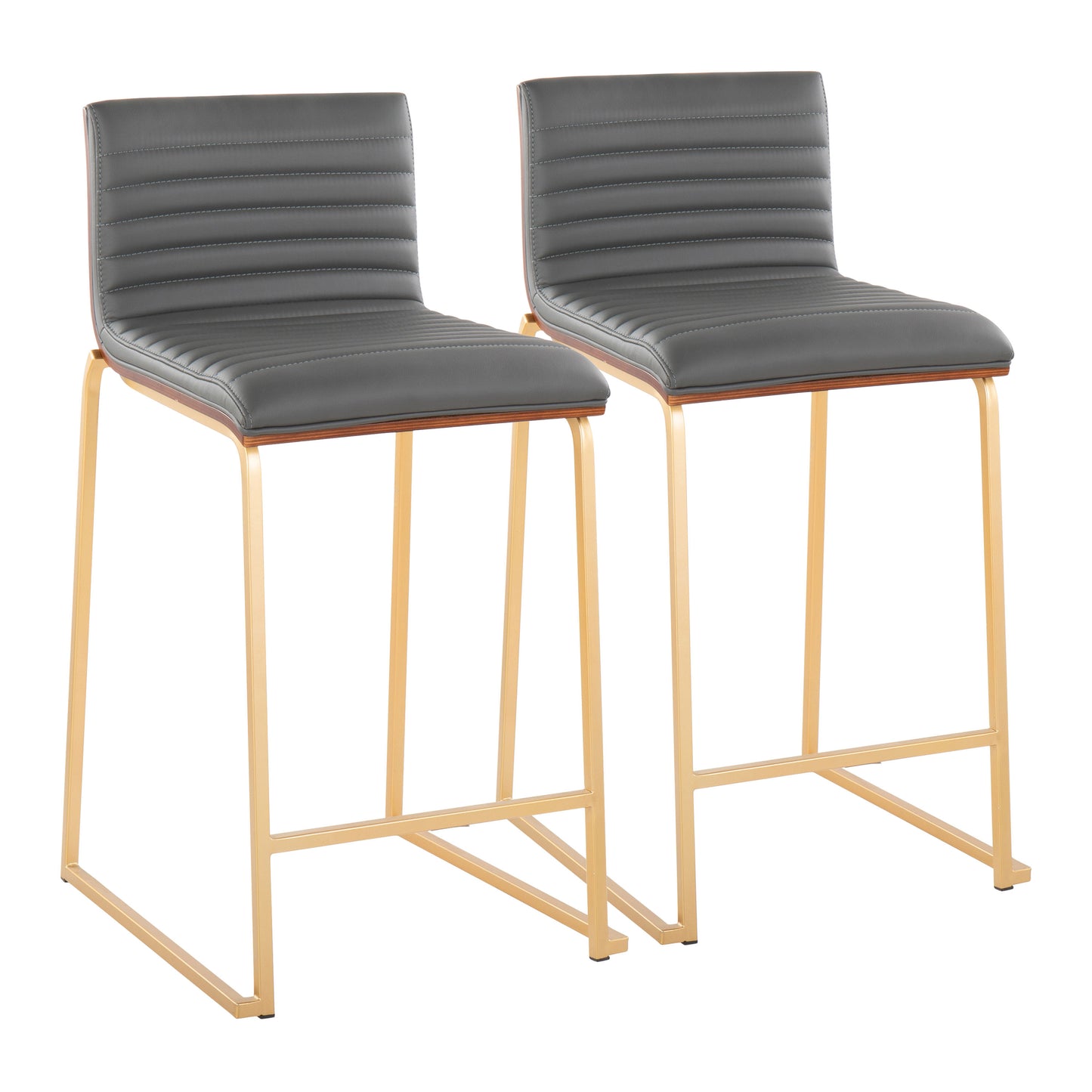 26" Contemporary Fixed-Height Counter Stool in Gold Metal, Walnut Wood and Grey Faux Leather - Set of 2