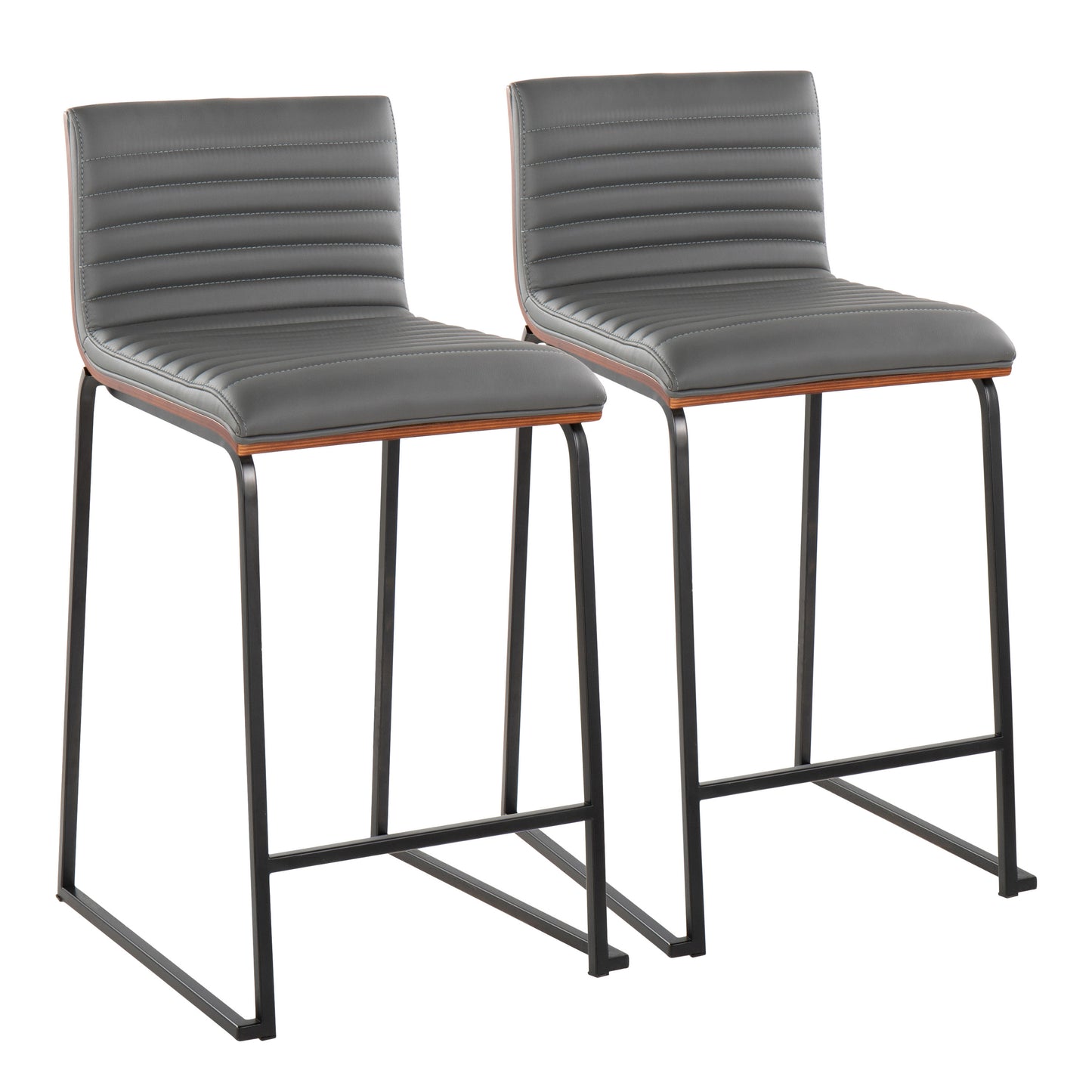 26" Contemporary Fixed-Height Counter Stool in Black Metal, Walnut Wood and Grey Faux Leather - Set of 2