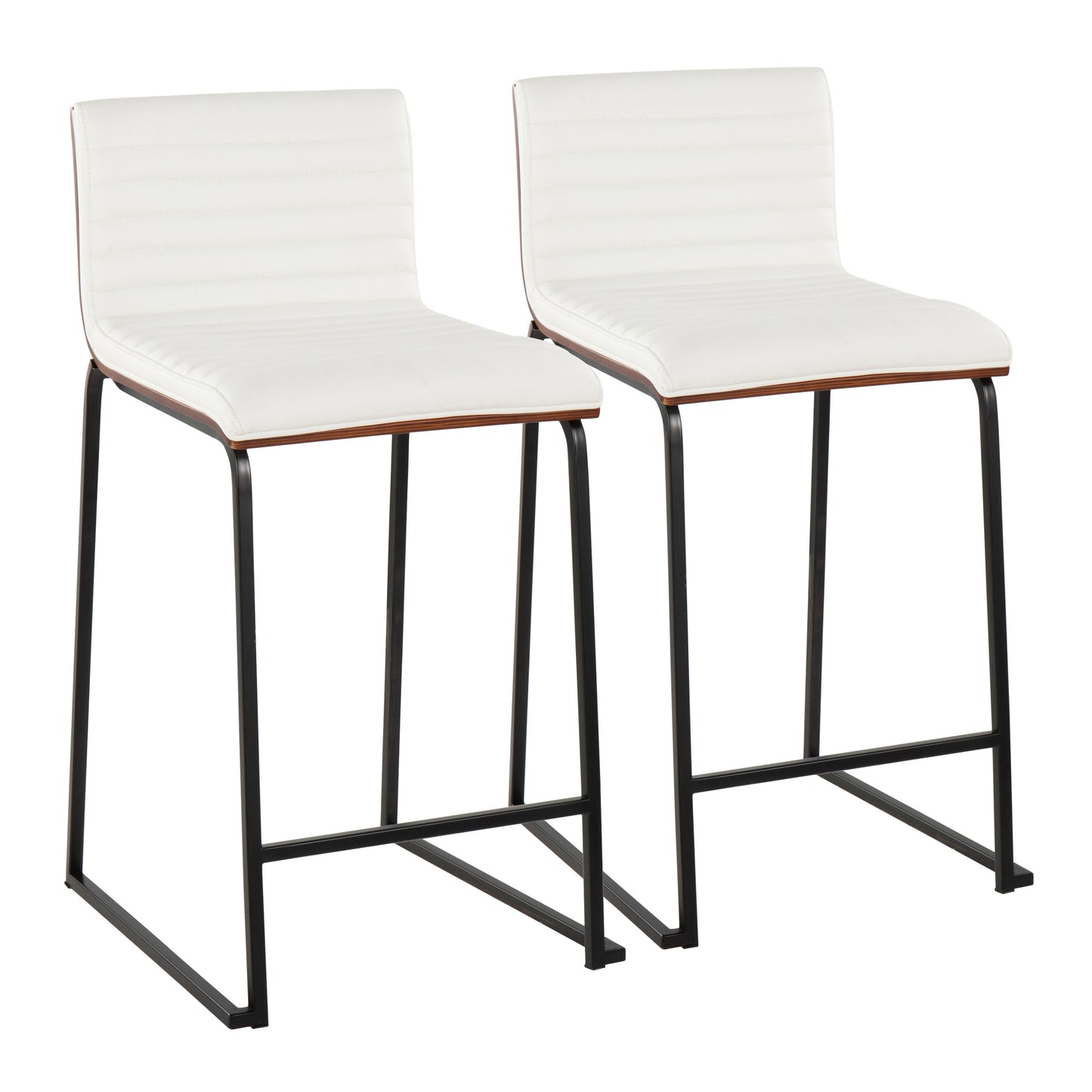 26" Contemporary Fixed-Height Counter Stool in Black Metal, Walnut Wood and White Faux Leather - Set of 2