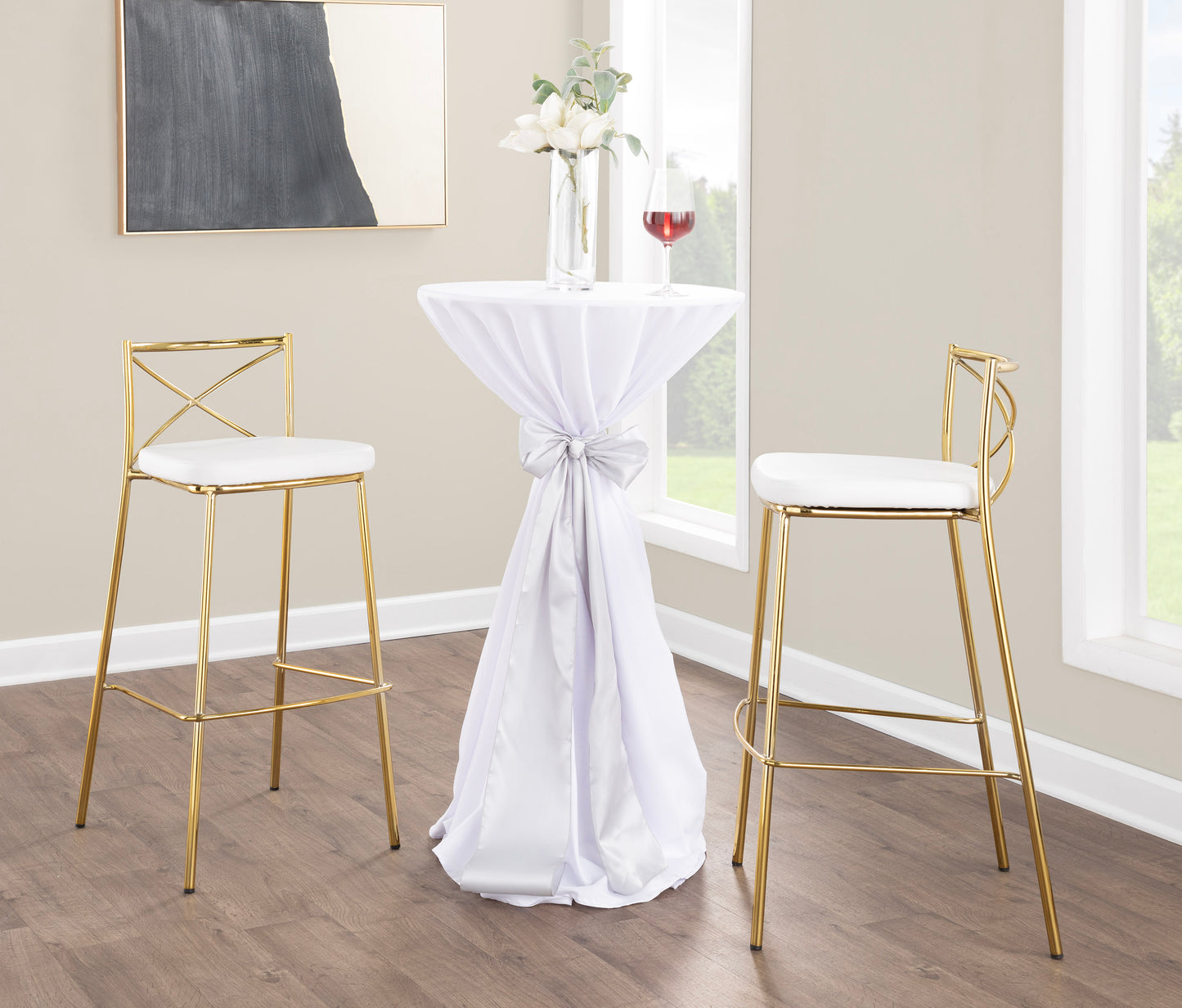 Modern 30" Contemporary Fixed-Height Barstool in Gold Metal and White Faux Leather - Set of 2