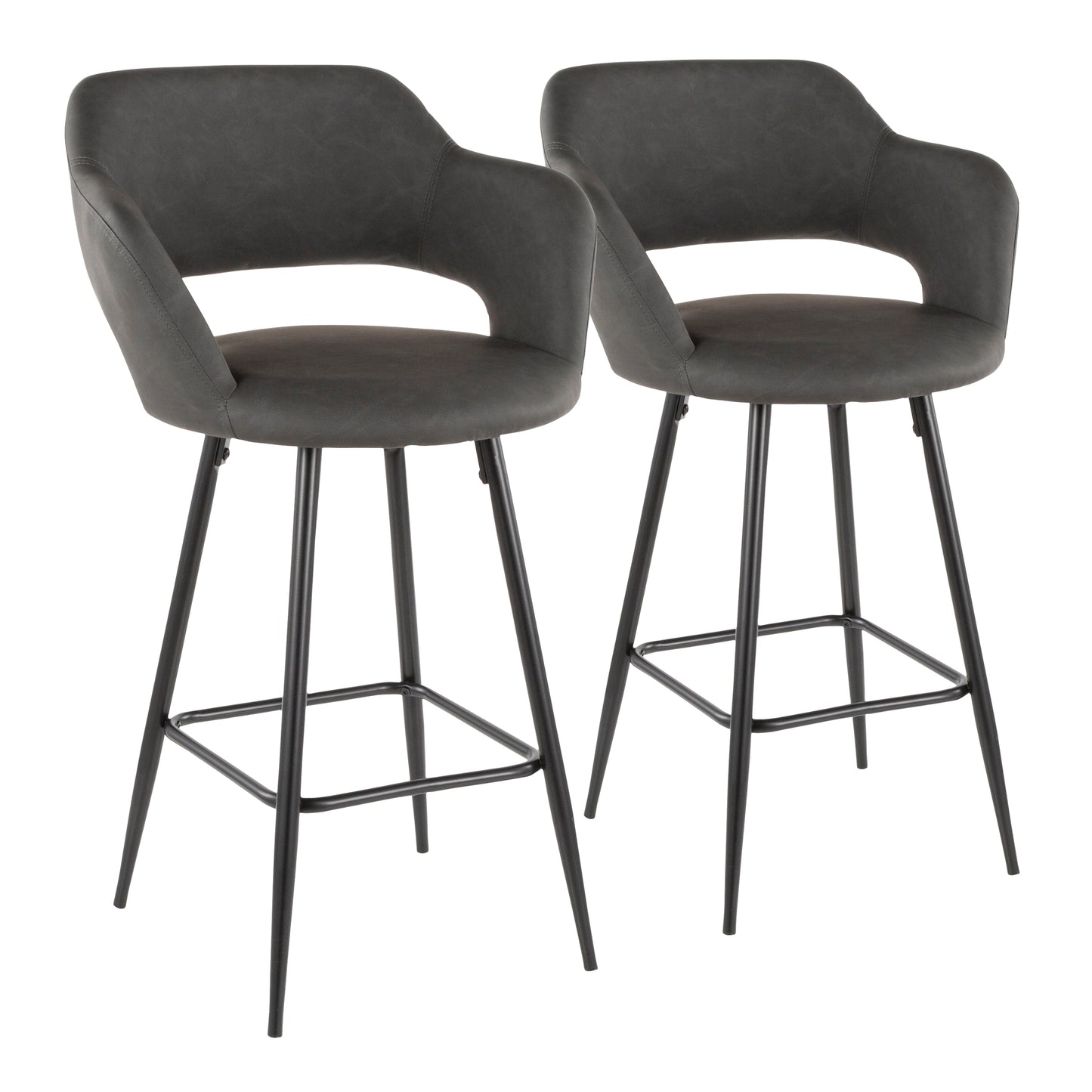 Contemporary Counter Stool in Black Metal and Grey Faux Leather - Set of 2