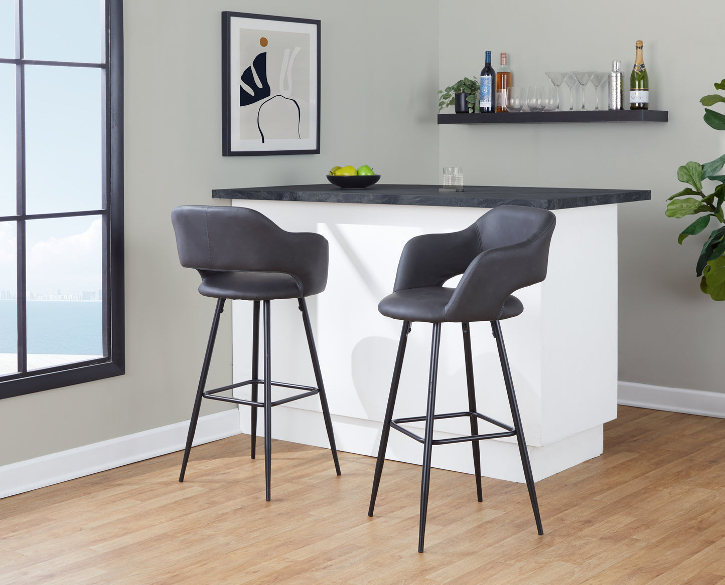 Contemporary Barstool in Black Metal and Grey Faux Leather - Set of 2