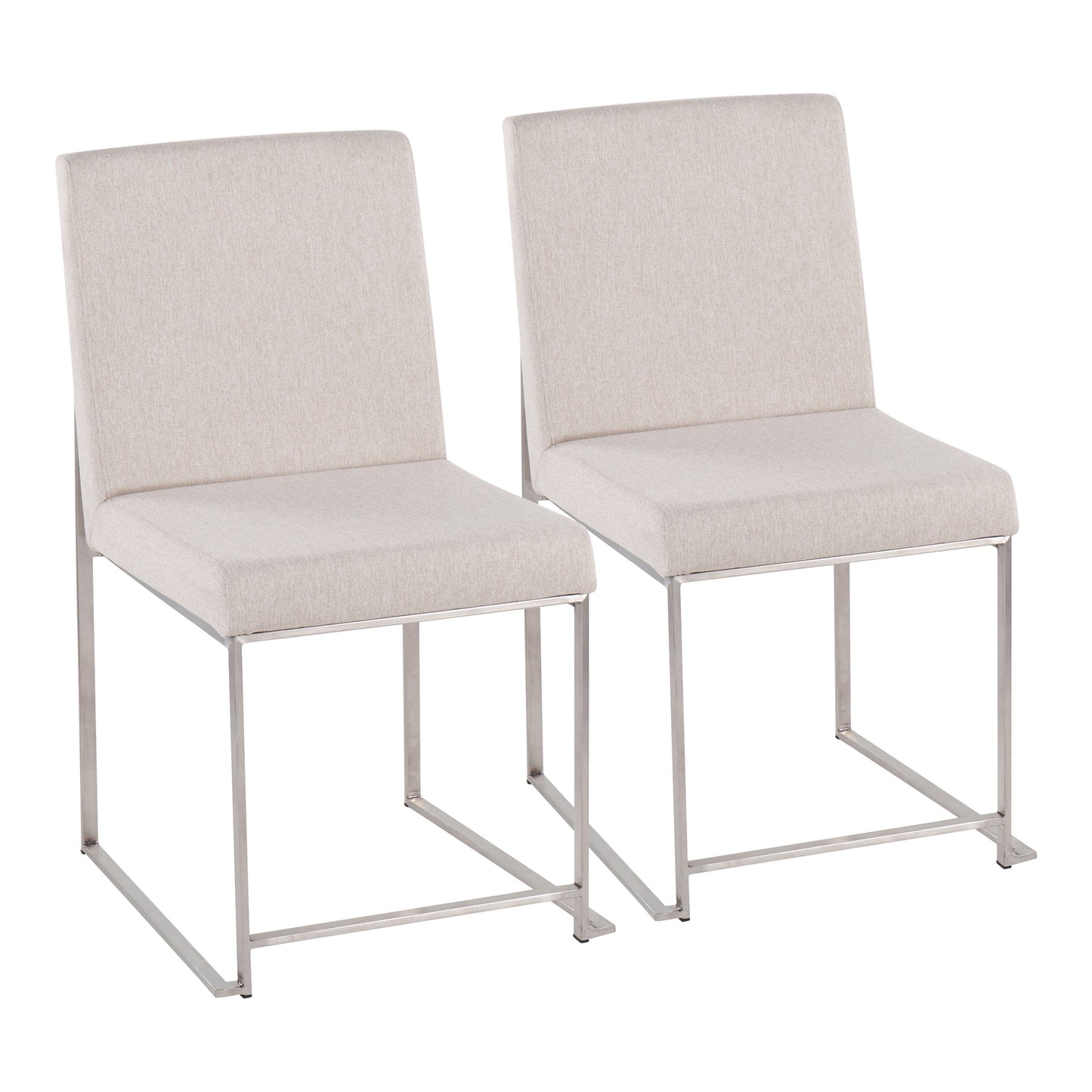 High Back Contemporary Dining Chair in Brushed Stainless Steel and Beige Fabric - Set of 2