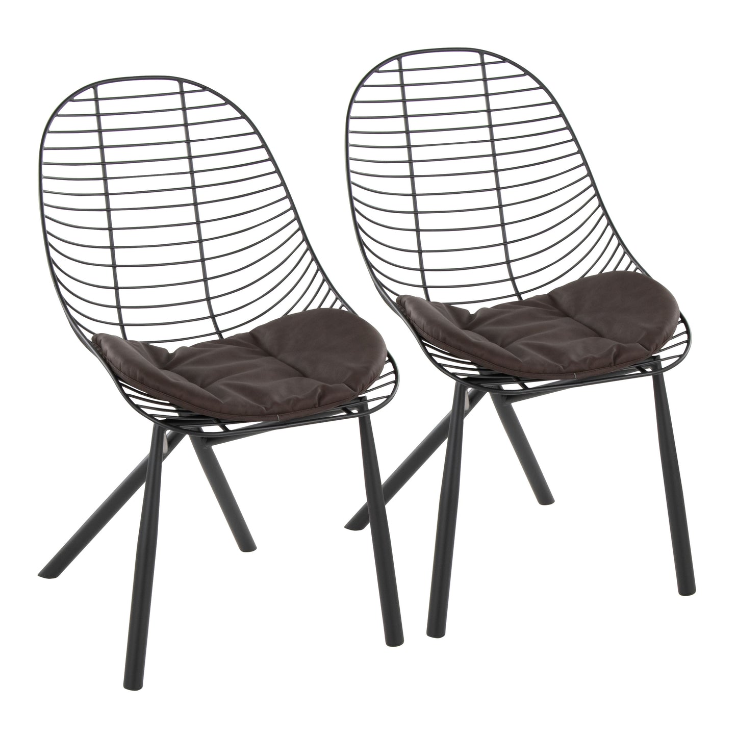 Contemporary Chair in Black Metal with Espresso Faux Leather Cushions - Set of 2