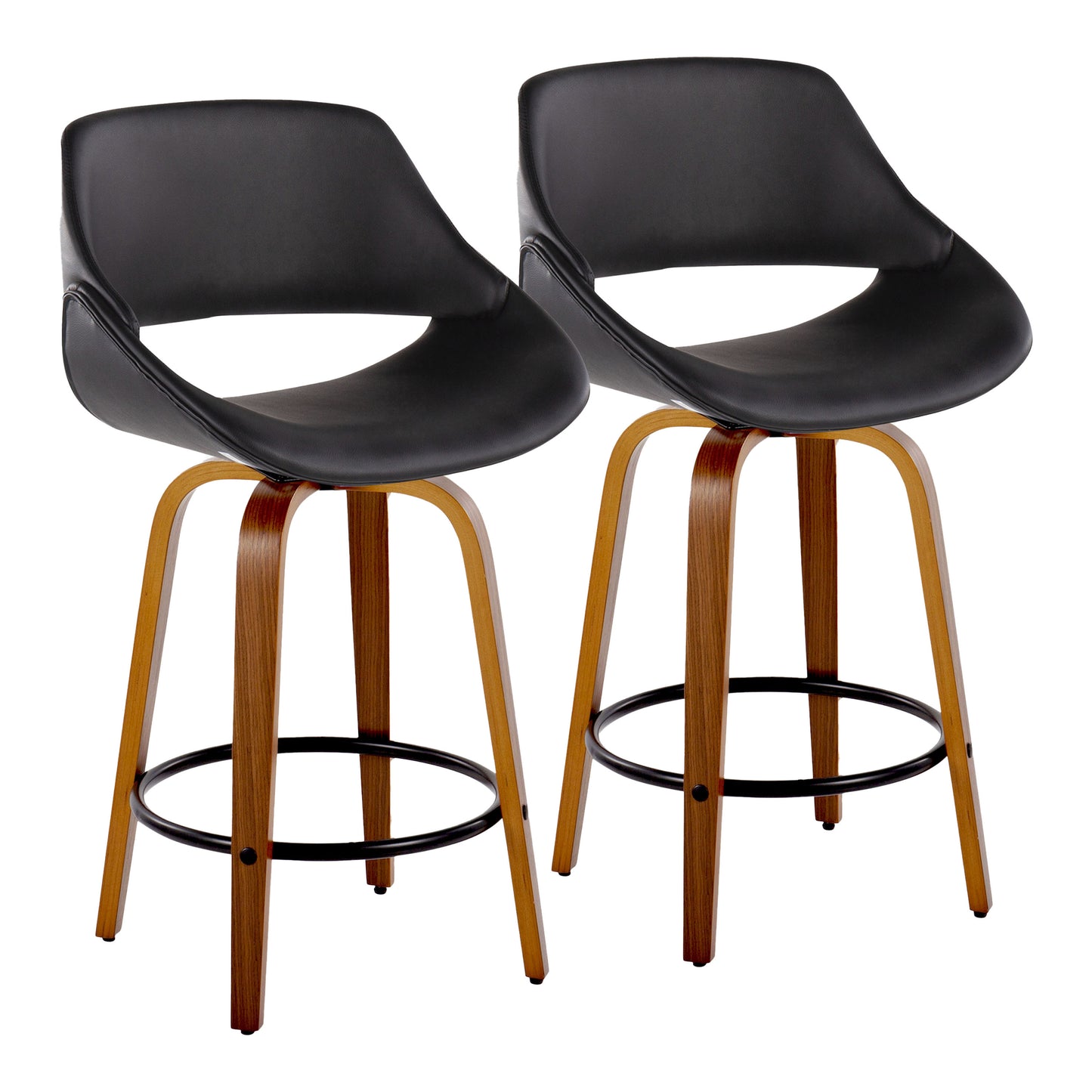Mid-Century Modern Fixed-Height Counter Stool in Walnut Wood with Round Black Footrest and Black Faux Leather - Set of 2