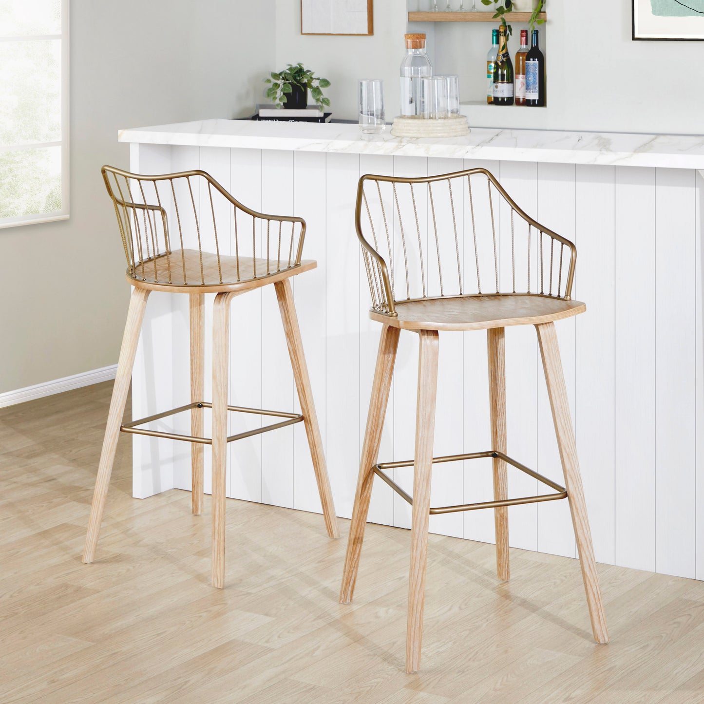 Fixed-Height Barstool in Whitewashed Wood and Antique Copper Metal with Square Antique Copper Metal Footrest