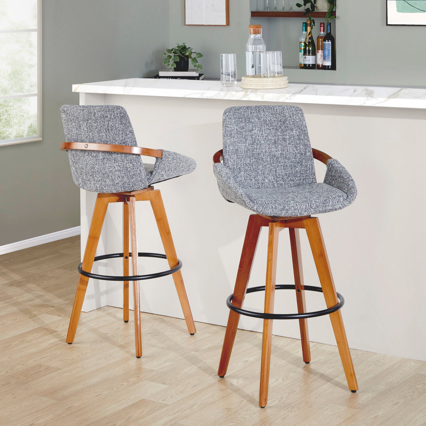 29" Fixed-Height Barstool with Swivel in Walnut Bamboo and Grey Noise Fabric with Round Black Metal Footrest