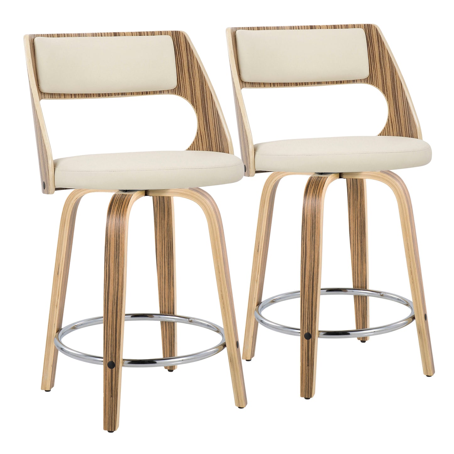 24" Mid-Century Modern Fixed-Height Counter Stool with Swivel in Zebra Wood and Cream Faux Leather with Round Chrome Footrest - Set of 2