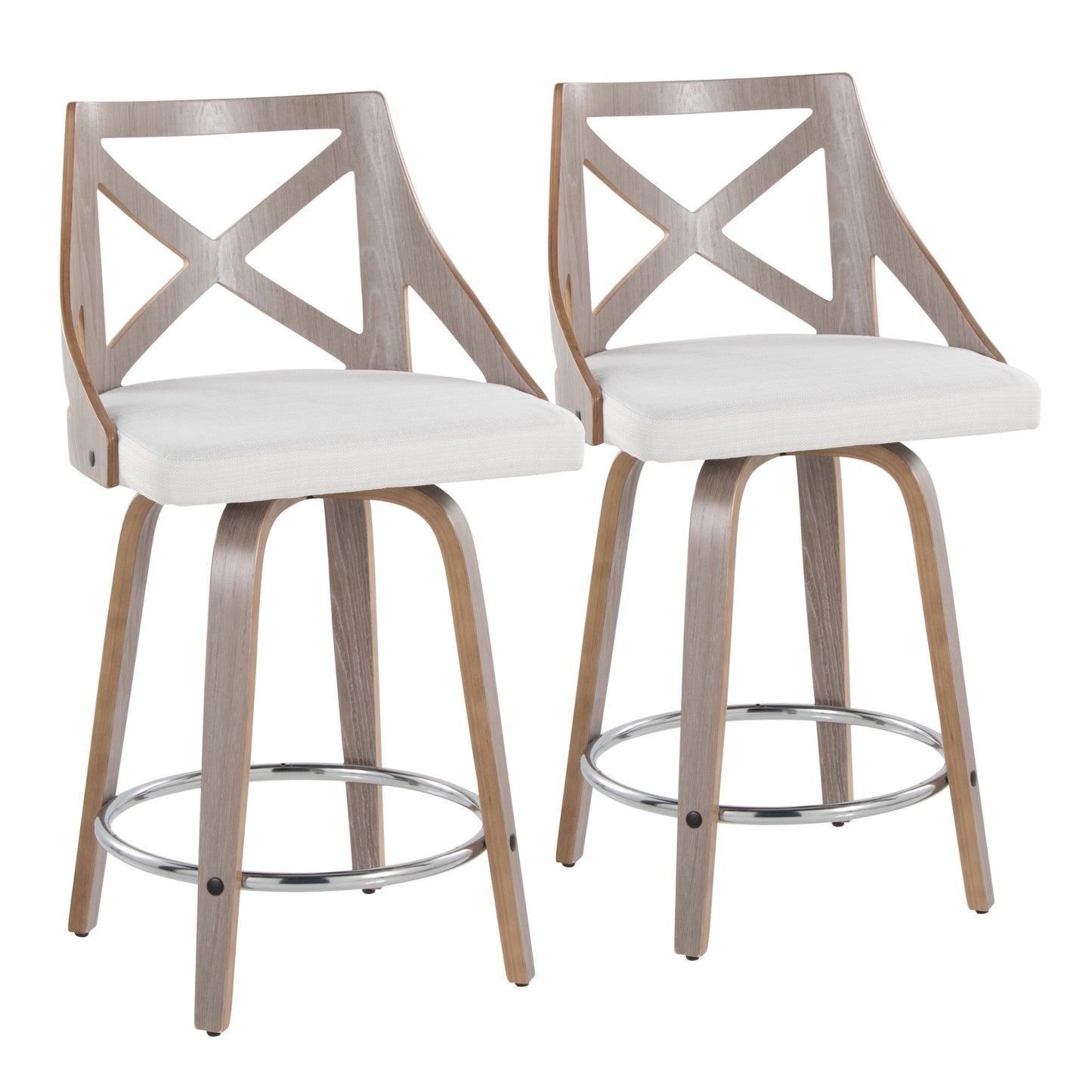 24" Fixed-Height Counter Stool with Swivel in Light Grey Wood and Cream Fabric with Round Chrome Metal Footrest - Set of 2