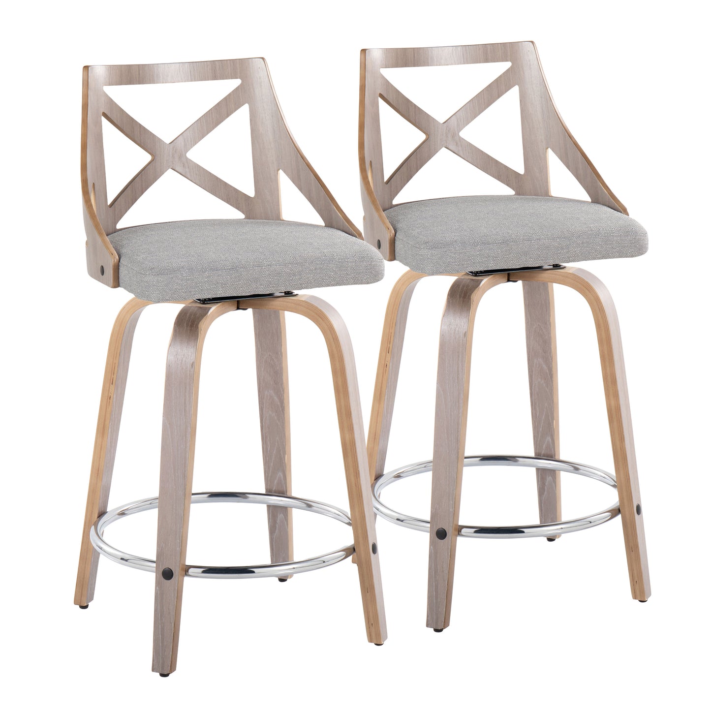 24" Fixed-Height Counter Stool with Swivel in Light Grey Wood and Grey Fabric with Round Chrome Metal Footrest - Set of 2