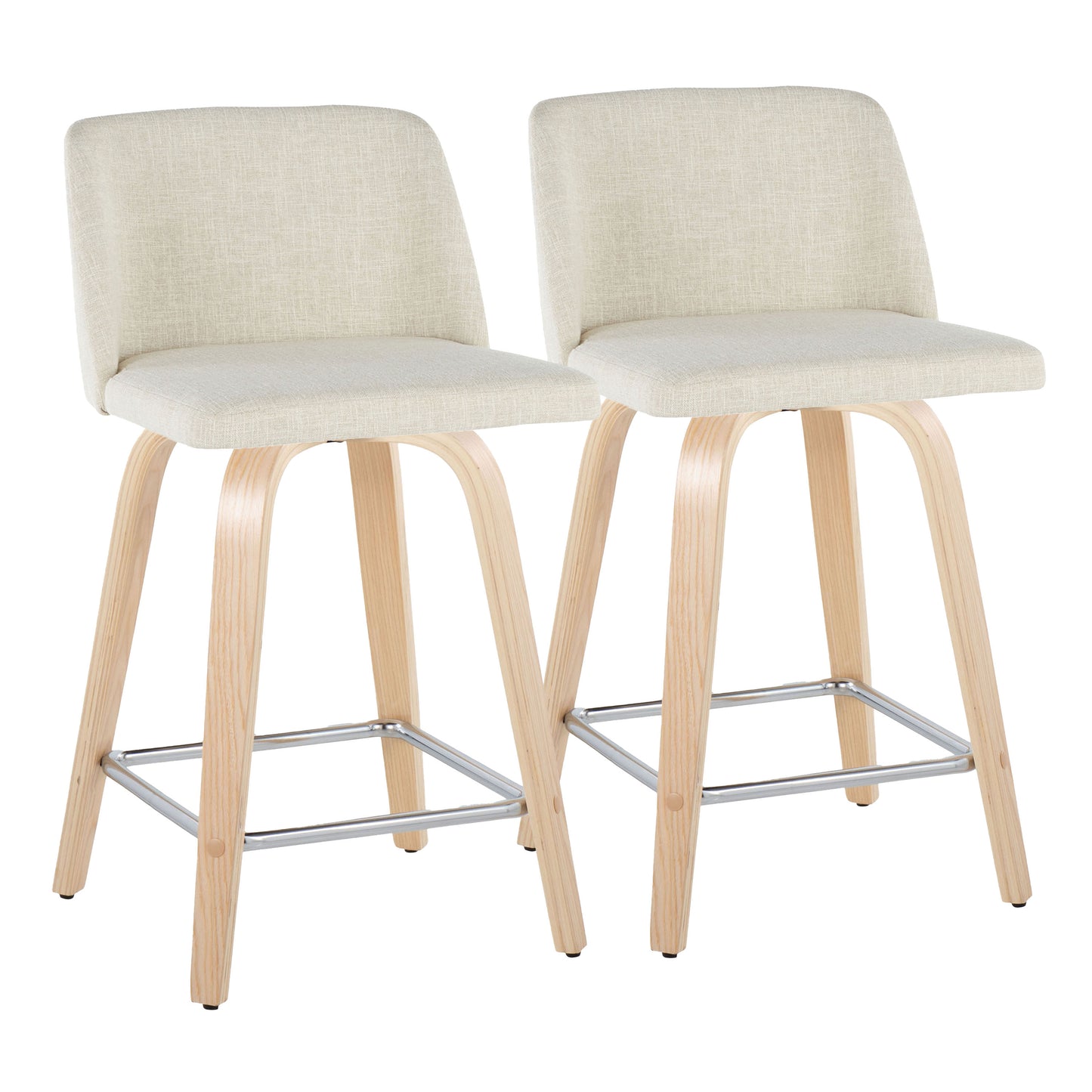 24" Contemporary Fixed-Height Counter Stool with Swivel in Natural Wood and Cream Fabric with Square Chrome Metal Footrest - Set of 2