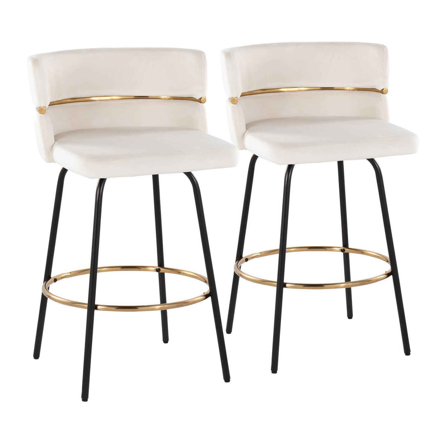 26" Contemporary Fixed-Height Counter Stool with Swivel in Black Metal and Cream Velvet with Round Gold Footrest - Set of 2