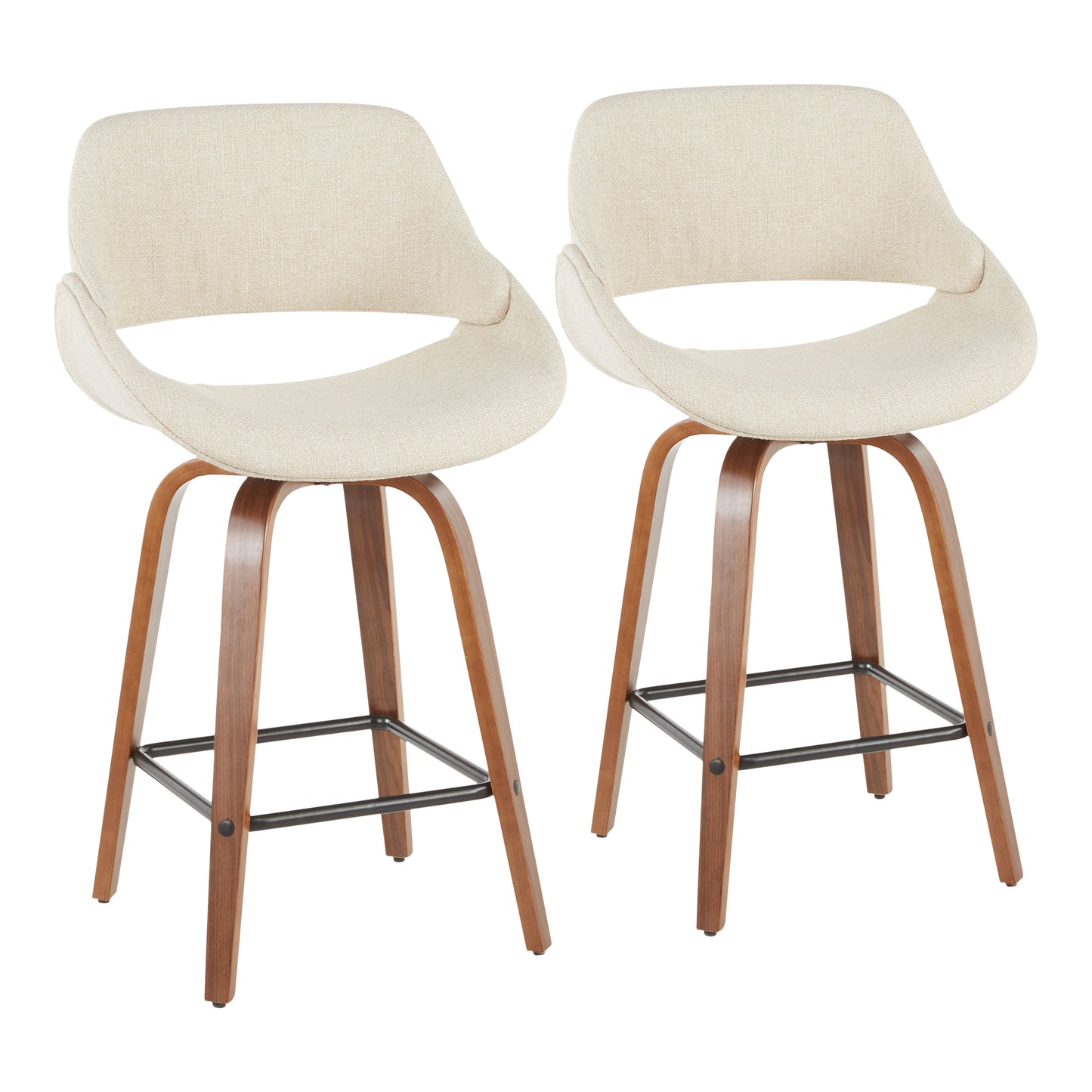 Mid-Century Modern Counter Stool in Walnut and Cream Fabric - Set of 2