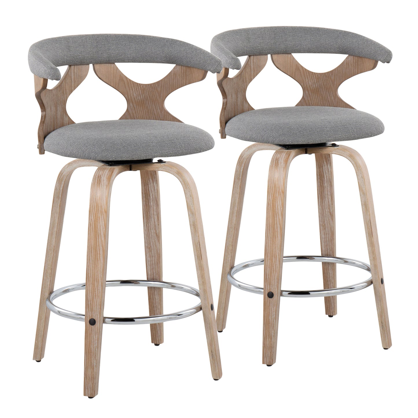 26" Contemporary Fixed-Height Counter Stool with Swivel in White Washed Wood and Grey Fabric with Round Chrome Metal Footrest - Set of 2