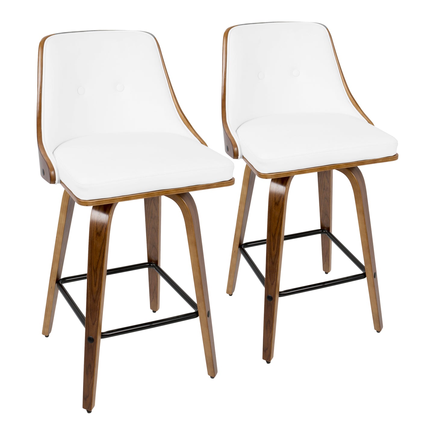 26" Mid-Century Modern Counter Stool in Walnut with White Faux Leather - Set of 2