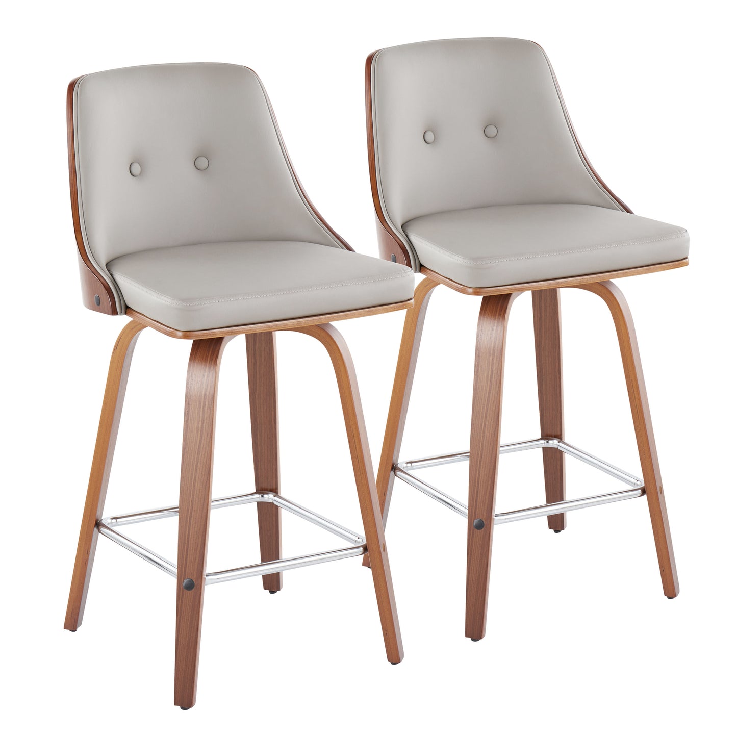 Mid-Century Modern Fixed-Height Counter Stool with Swivel in Walnut Wood and Light Grey Faux Leather with Square Chrome Metal Footrest - Set of 2