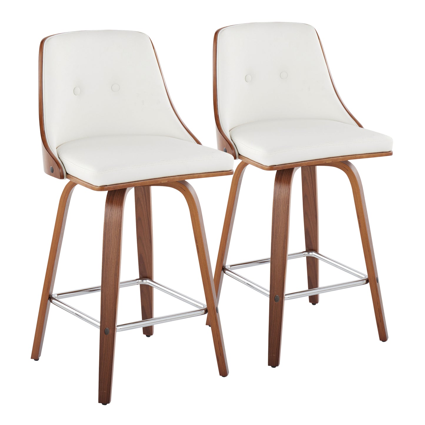 Mid-Century Modern Fixed-Height Counter Stool with Swivel in Walnut Wood and Light White Faux Leather with Square Chrome Metal Footrest - Set of 2