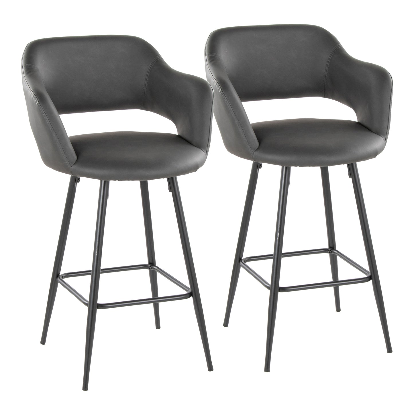 26" Contemporary Fixed-Height Counter Stool in Black Metal and Grey Faux Leather with Square Black Metal Footrest - Set of 2