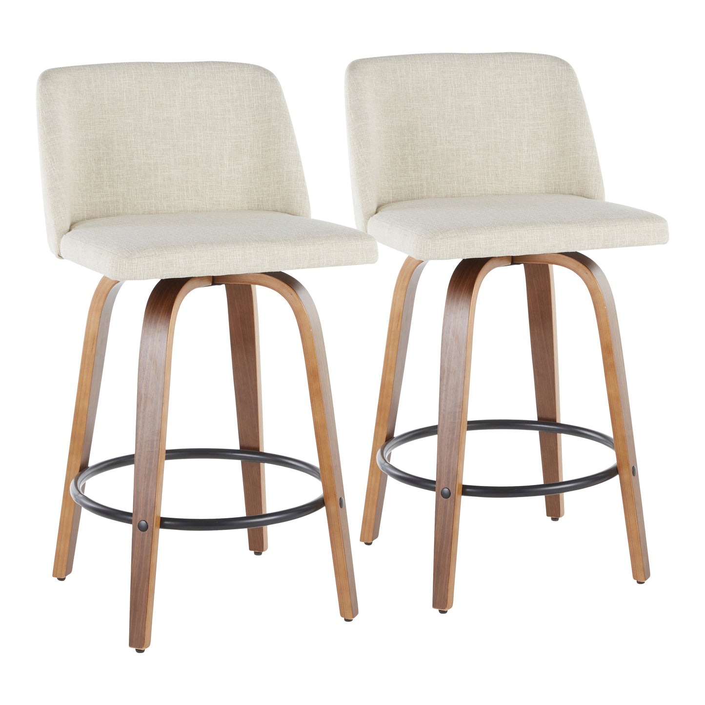 Mid-Century Modern Counter Stool in Walnut and Cream Fabric - Set of 2