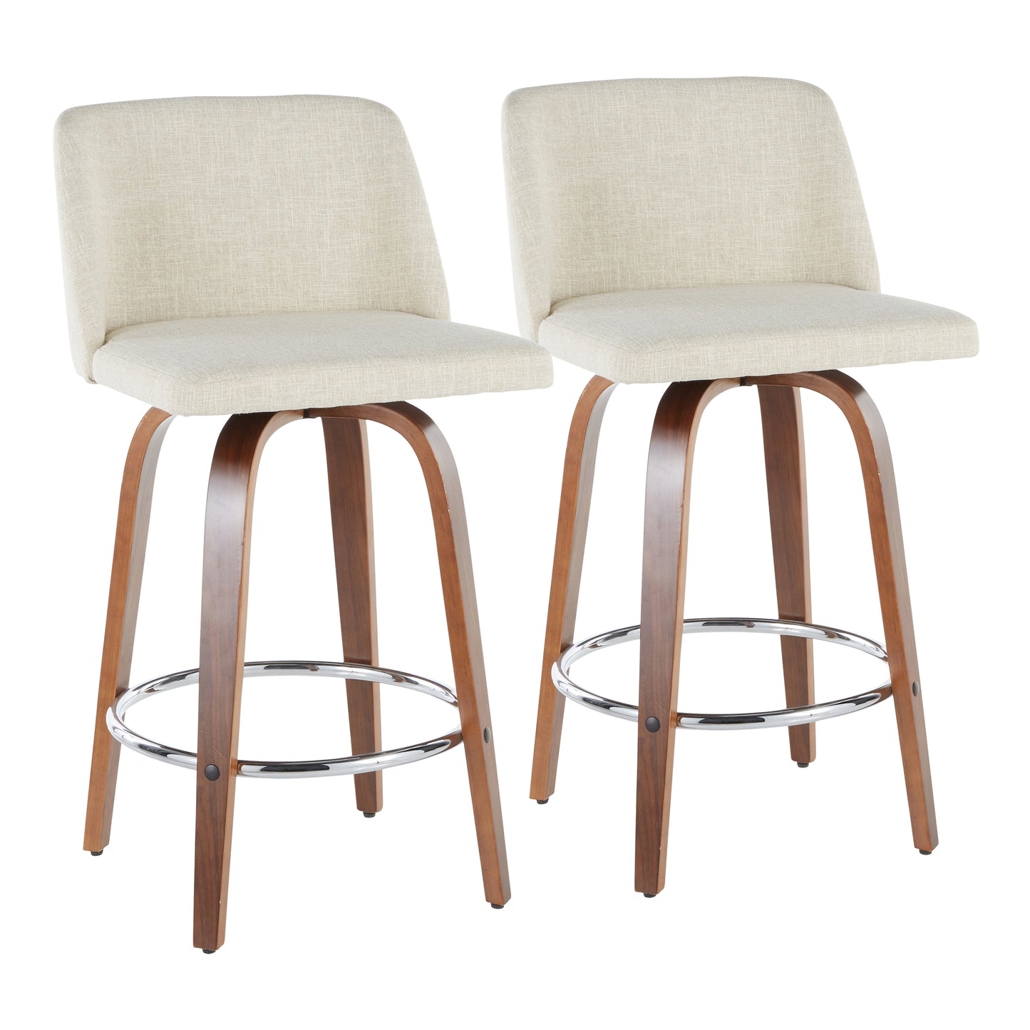 Mid-Century Modern Counter Stool in Walnut and Cream Fabric - Set of 2