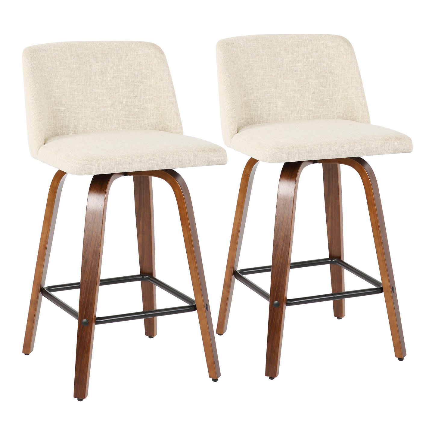 Mid-Century Modern Counter Stool in Walnut and Cream Fabric - Set of 2