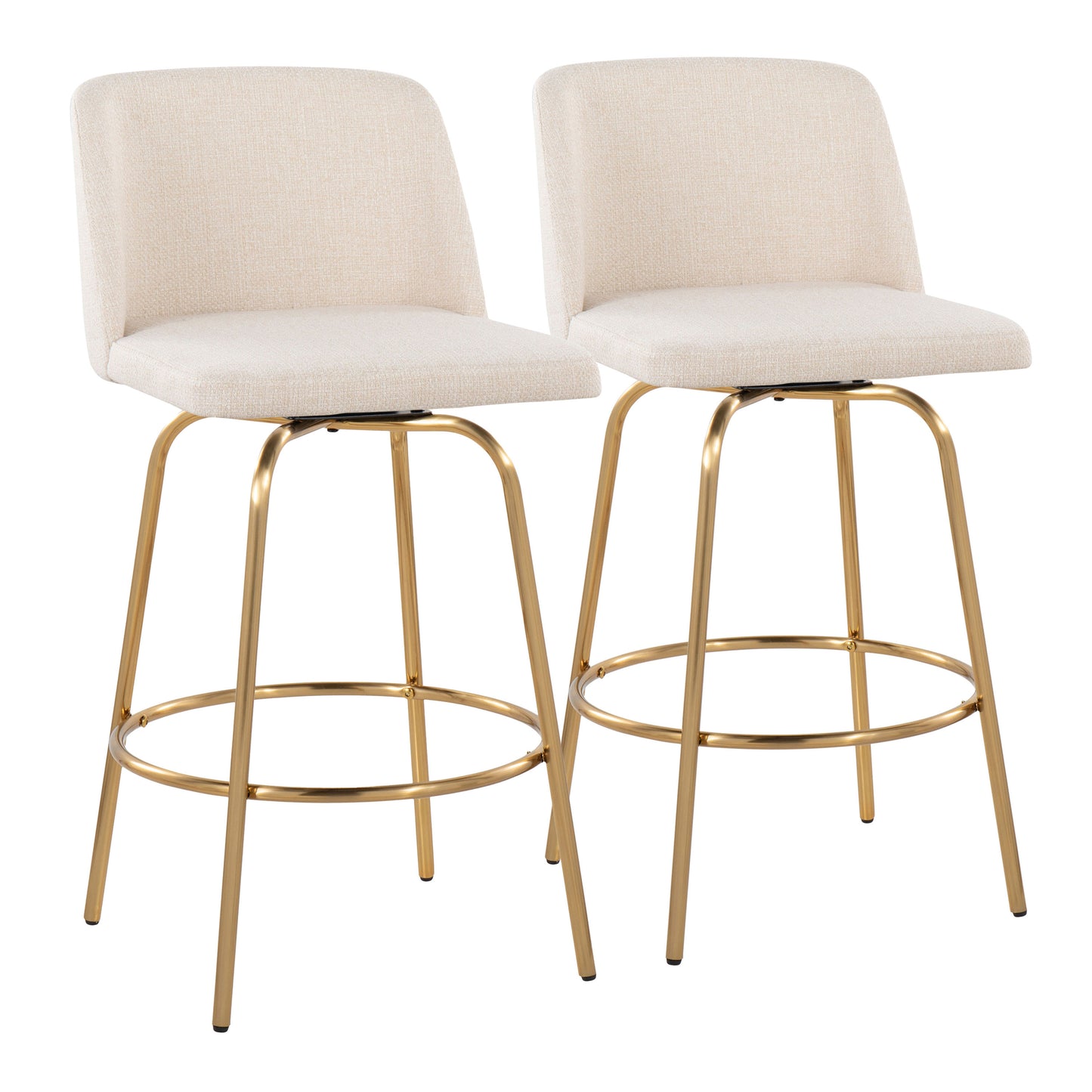 26" Contemporary Fixed-Height Counter Stool with Swivel in Cream Noise Fabric and Gold Metal with Round Footrest - Set of 2