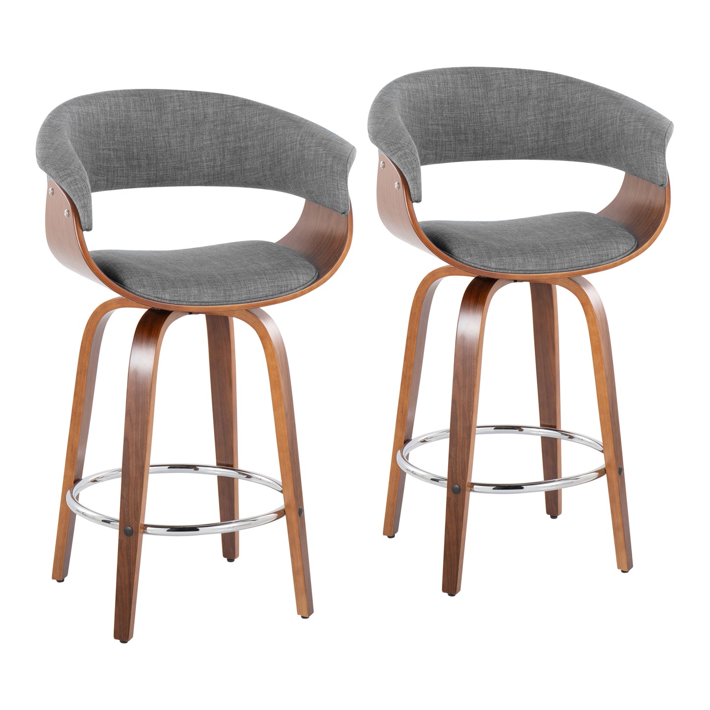 26" Mid-Century Modern Fixed-Height Counter Stool with Swivel in Walnut Wood and Light Grey Fabric with Round Chrome Metal Footrest - Set of 2