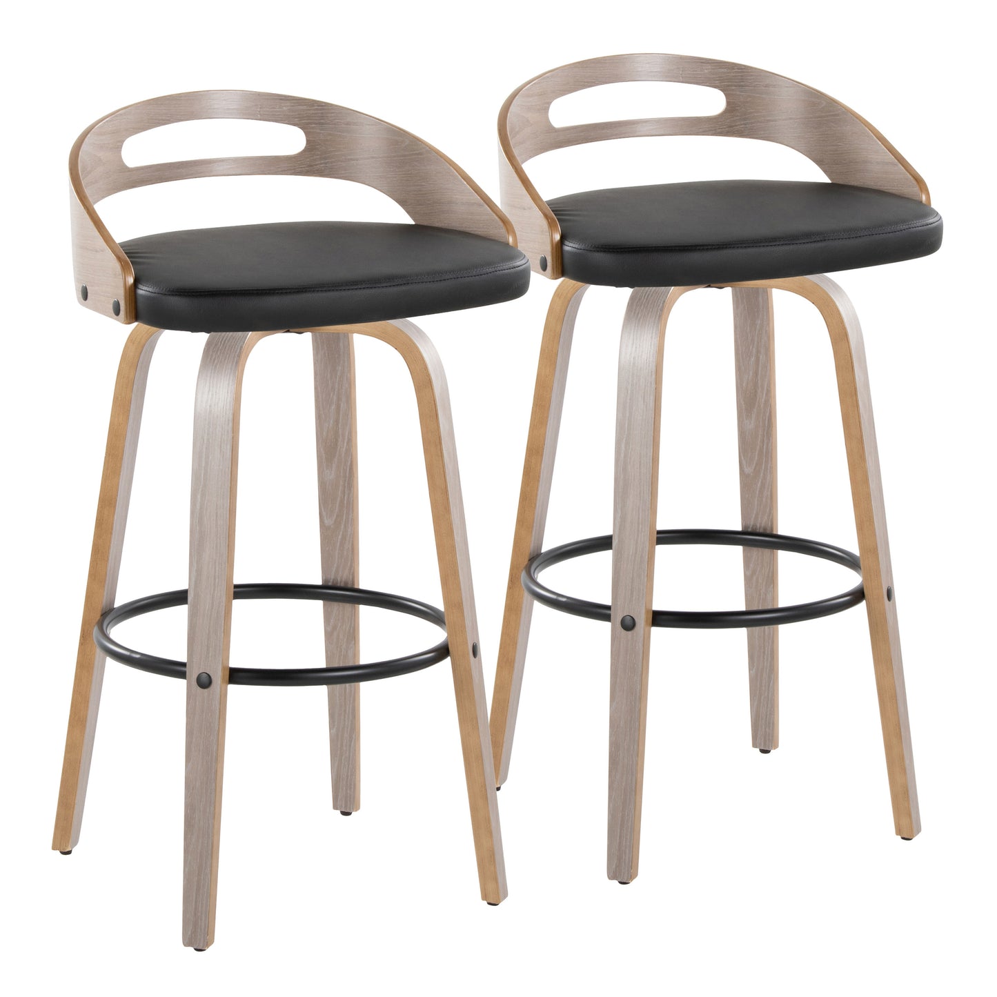 30" Mid-Century Modern Fixed-Height Barstool with Swivel in Light Grey Wood and Black Faux Leather with Round Black Metal Footrest - Set of 2