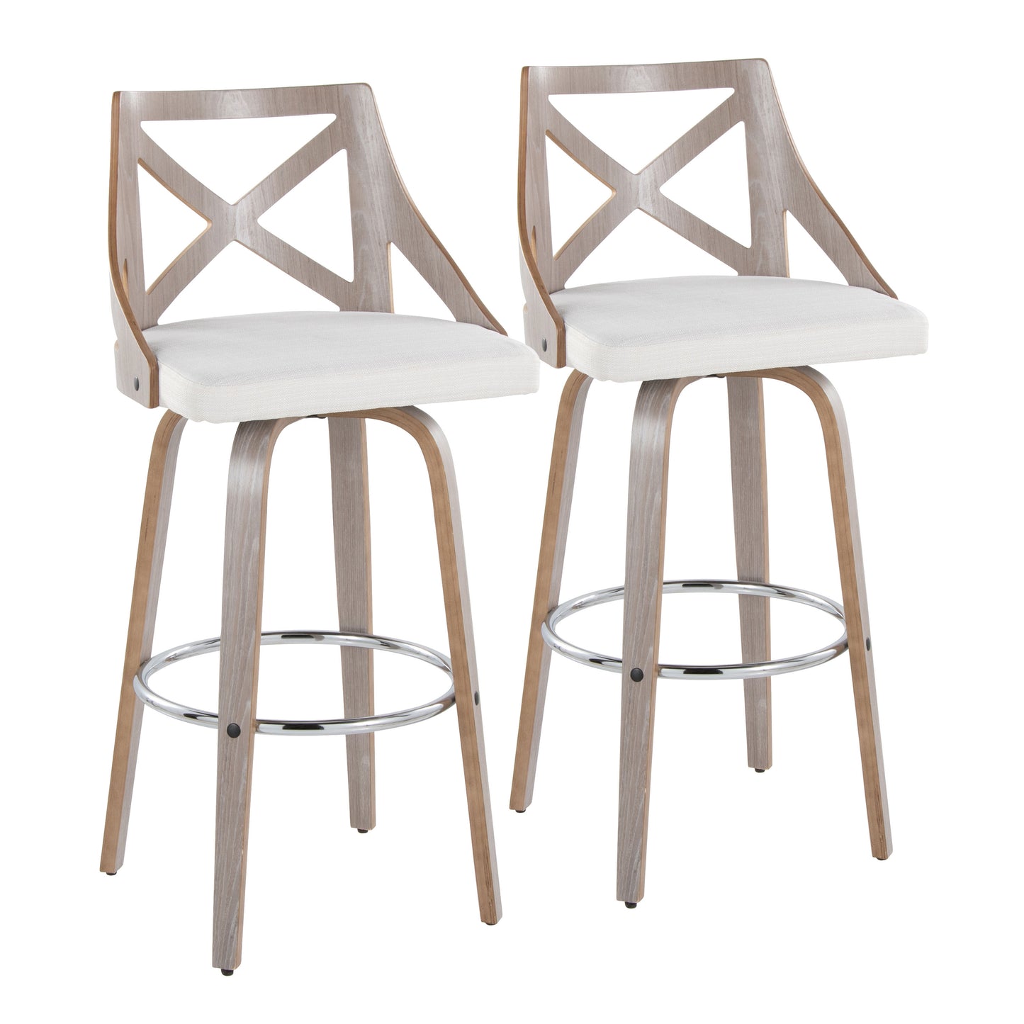 30" Fixed-Height Barstool with Swivel in Light Grey Wood and Cream Noise Fabric with Round Chrome Metal Footrest - Set of 2