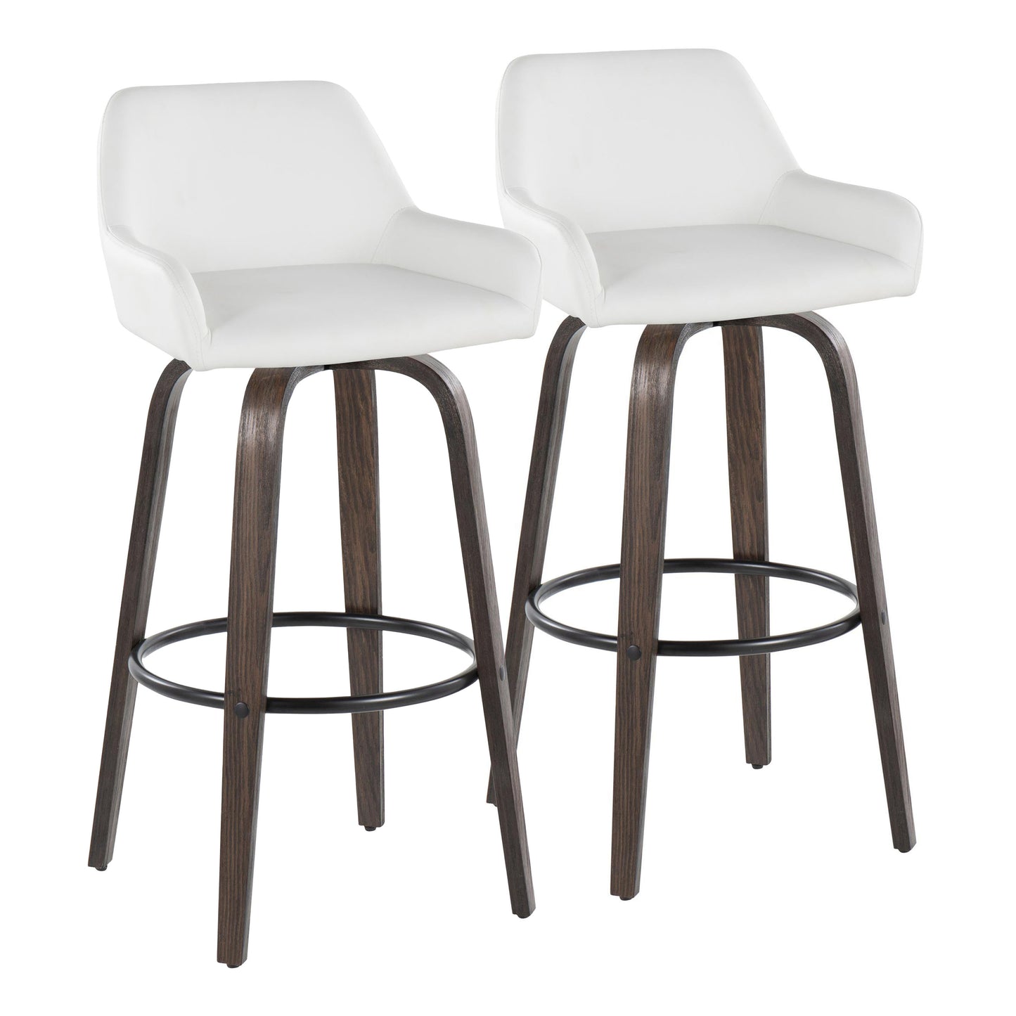 30" Contemporary Fixed-Height Barstool with Swivel in Walnut Glazed Wood and White Faux Leather with Round Black Metal Footrest - Set of 2