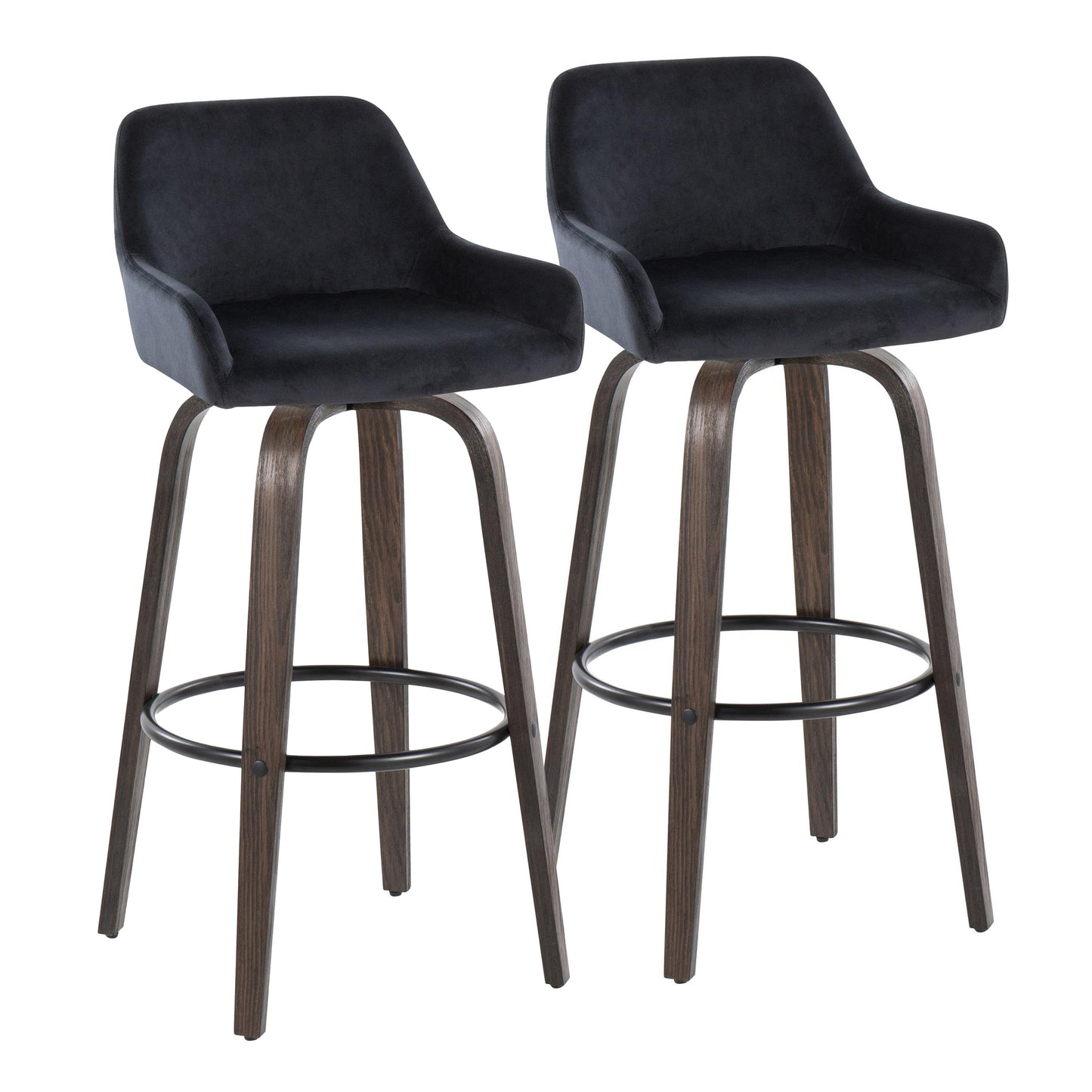 30" Contemporary Fixed-Height Barstool with Swivel in Walnut Glazed Wood and Black Velvet with Round Black Metal Footrest - Set of 2