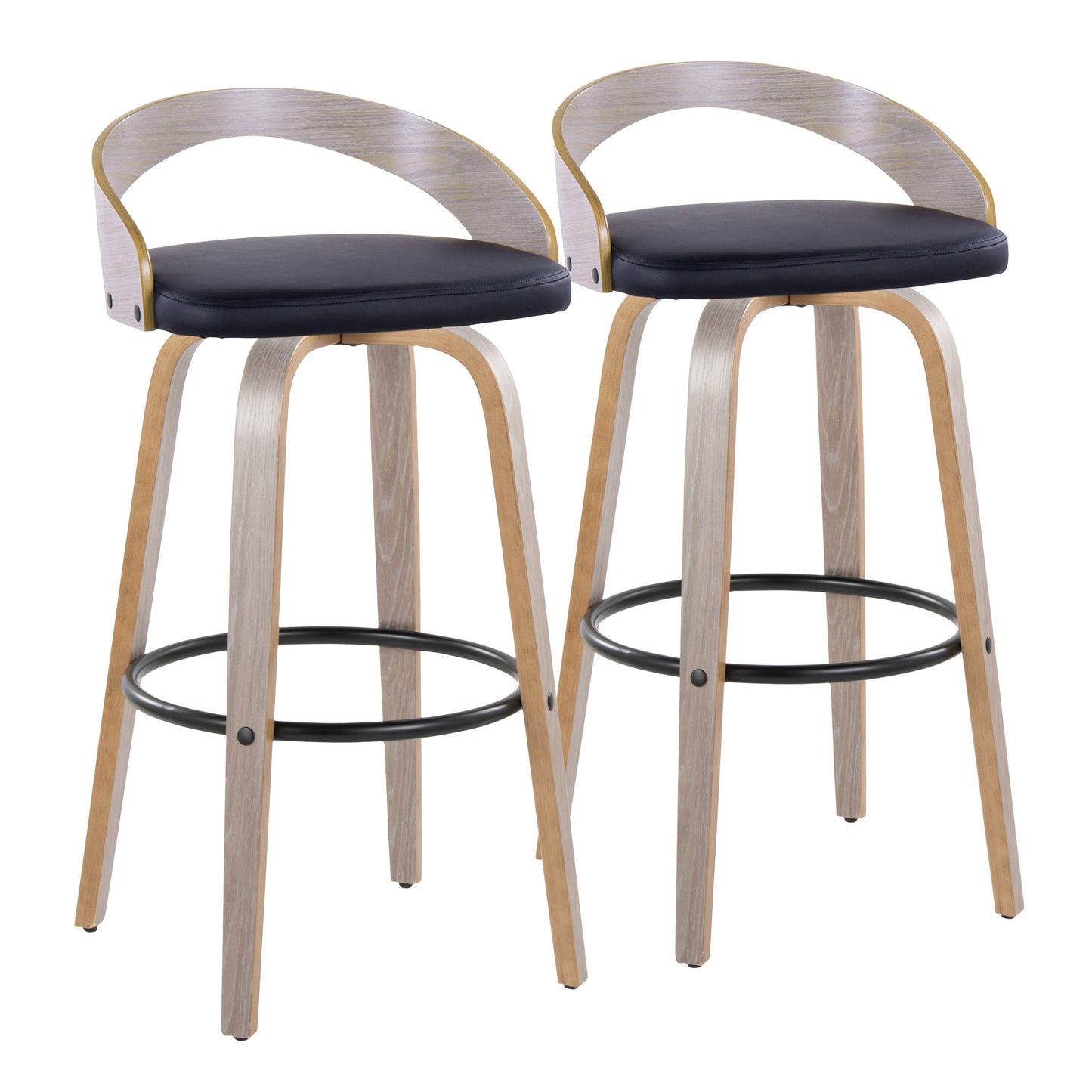 30" Contemporary Fixed-Height Barstool with Swivel in Light Grey Wood and Black Faux Leather with Round Black Metal Footrest - Set of 2