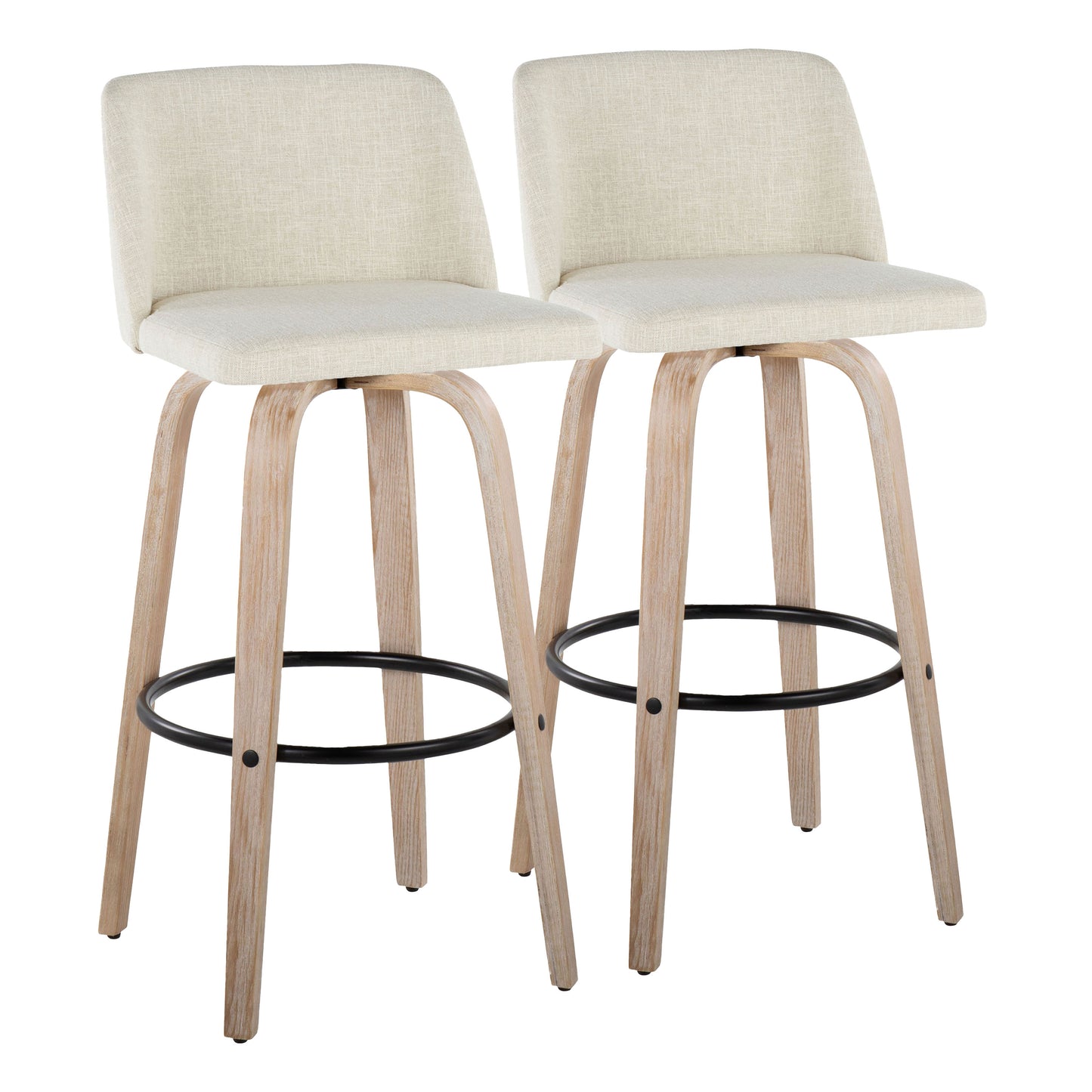 Fixed-Height Barstool in White Washed Wood and Cream Fabric with Round Black Metal Footrest - Set of 2