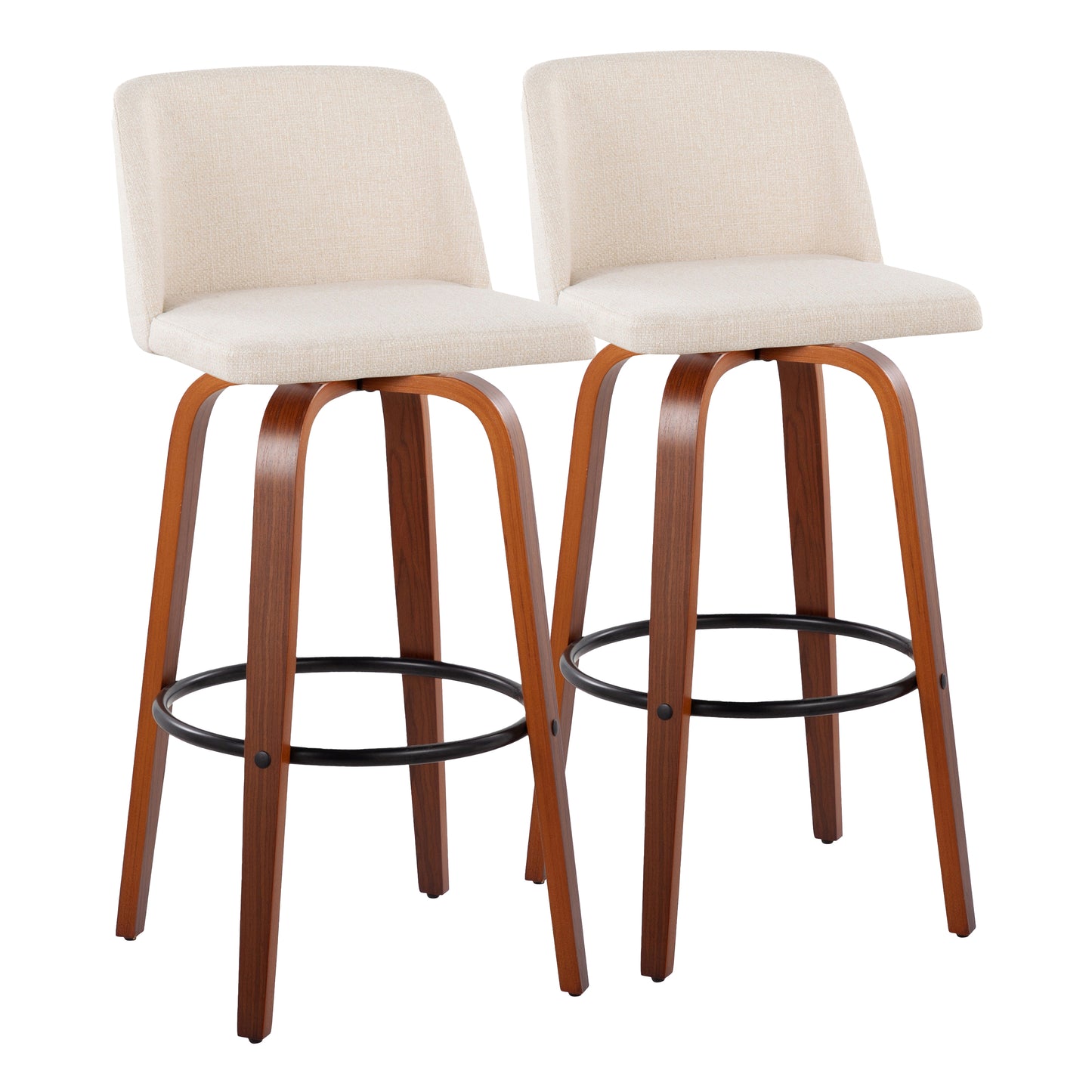30" Mid-Century Modern Fixed Height Barstool with Swivel in Walnut Wood and Cream Noise Fabric with Round Black Metal Footrest - Set of 2