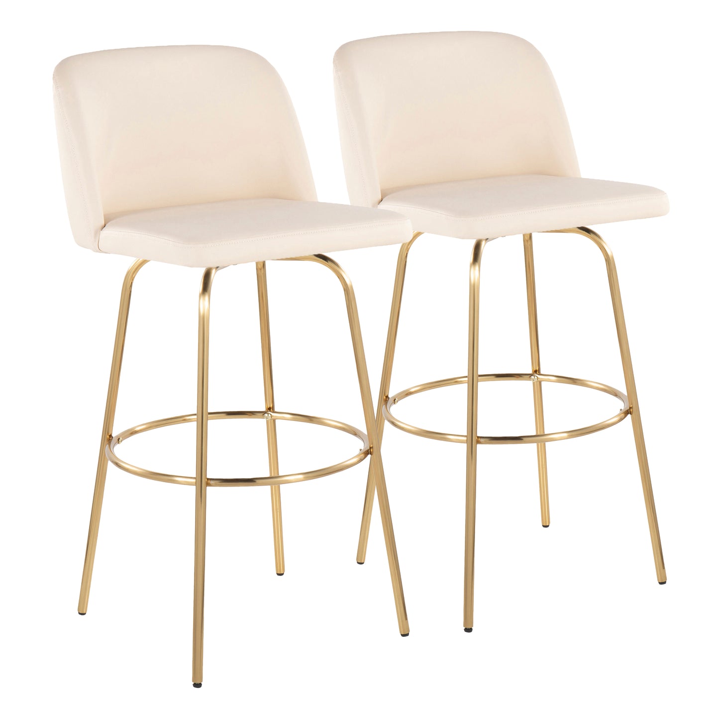 30" Contemporary Fixed Height Barstool with Swivel in Cream Faux Leather and Gold Metal with Round Footrest - Set of 2