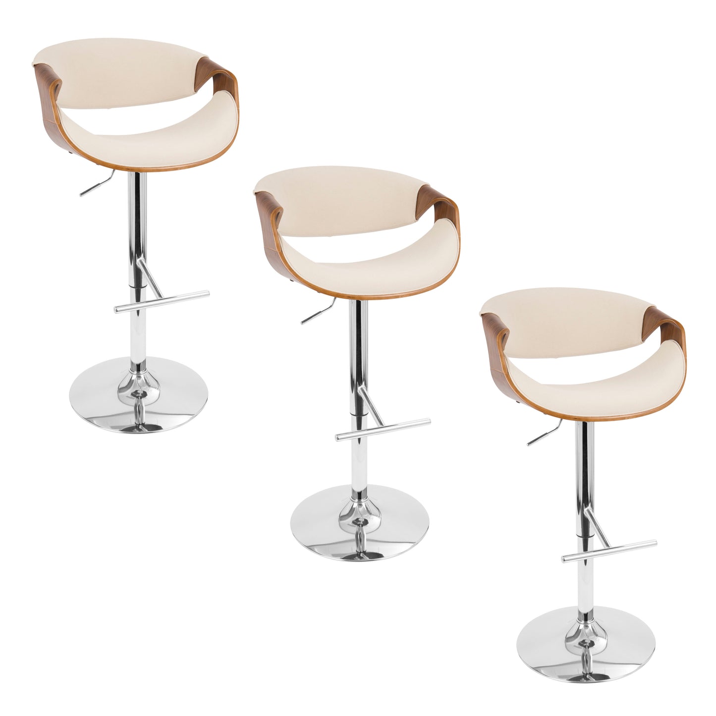 Mid-Century Modern Adjustable Barstool with Swivel in Chrome Metal, Walnut Wood and Cream Fabric with Straight T Footrest - Set of 3
