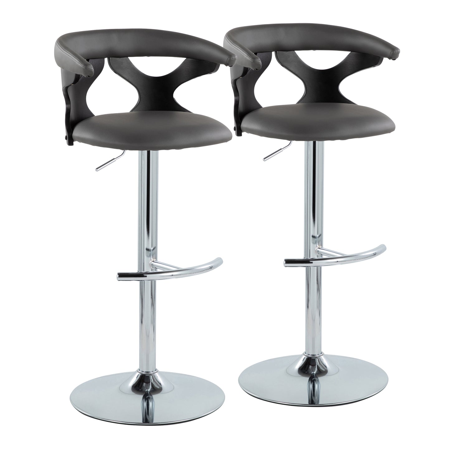 Contemporary Adjustable Barstool with Swivel in Black Wood, Chrome Metal and Grey Faux Leather with Rounded T Footrest - Set of 2