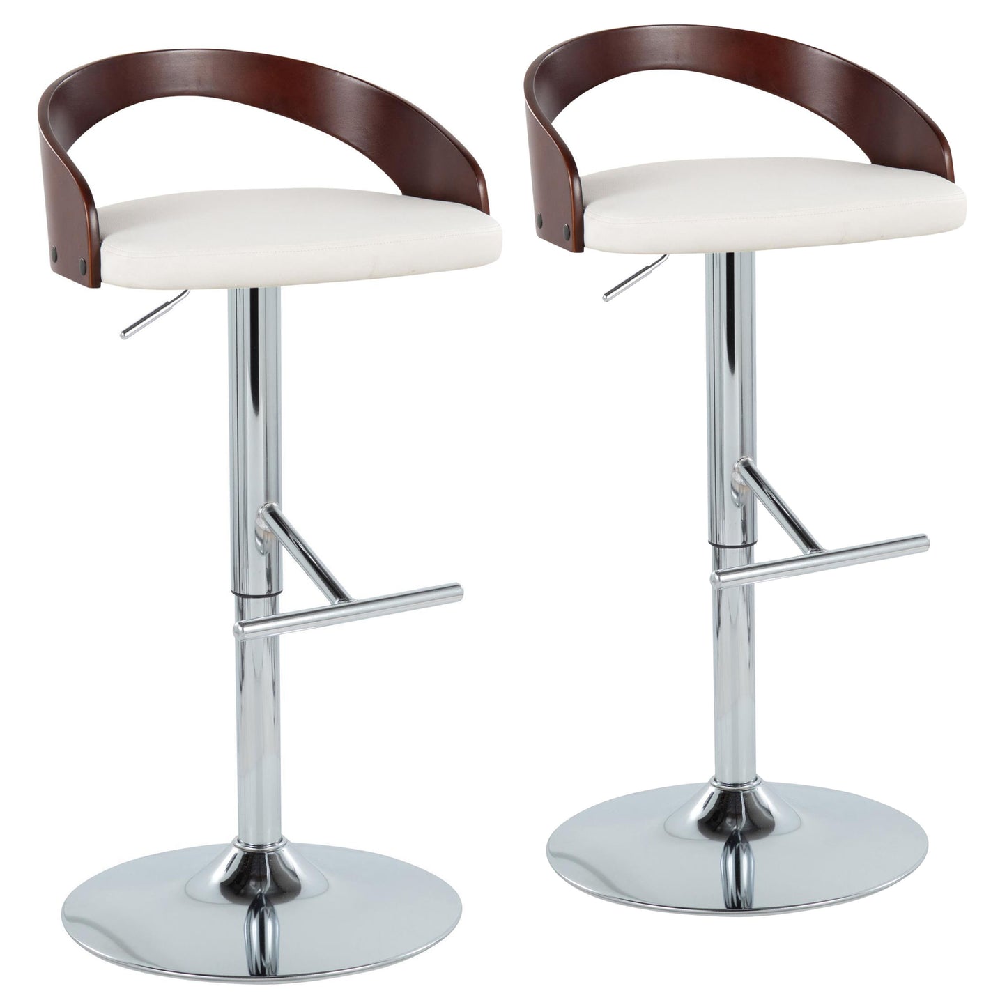 Mid-Century Modern Adjustable Height Barstool with Swivel in Chrome Metal, Cherry Wood and White Faux Leather with Straight T Footrest - Set of 2