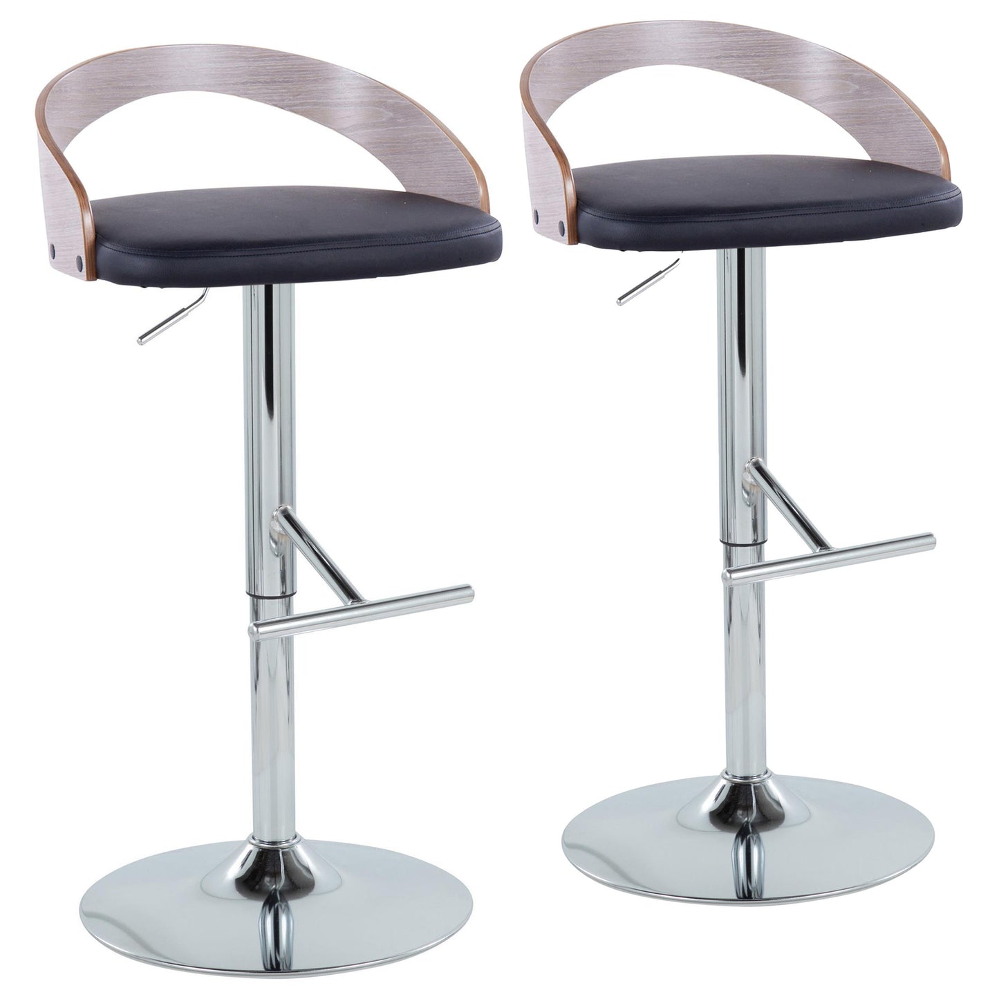 Contemporary Adjustable Height Barstool with Swivel in Chrome Metal, Light Grey Wood and Black Faux Leather with Straight T Footrest - Set of 2