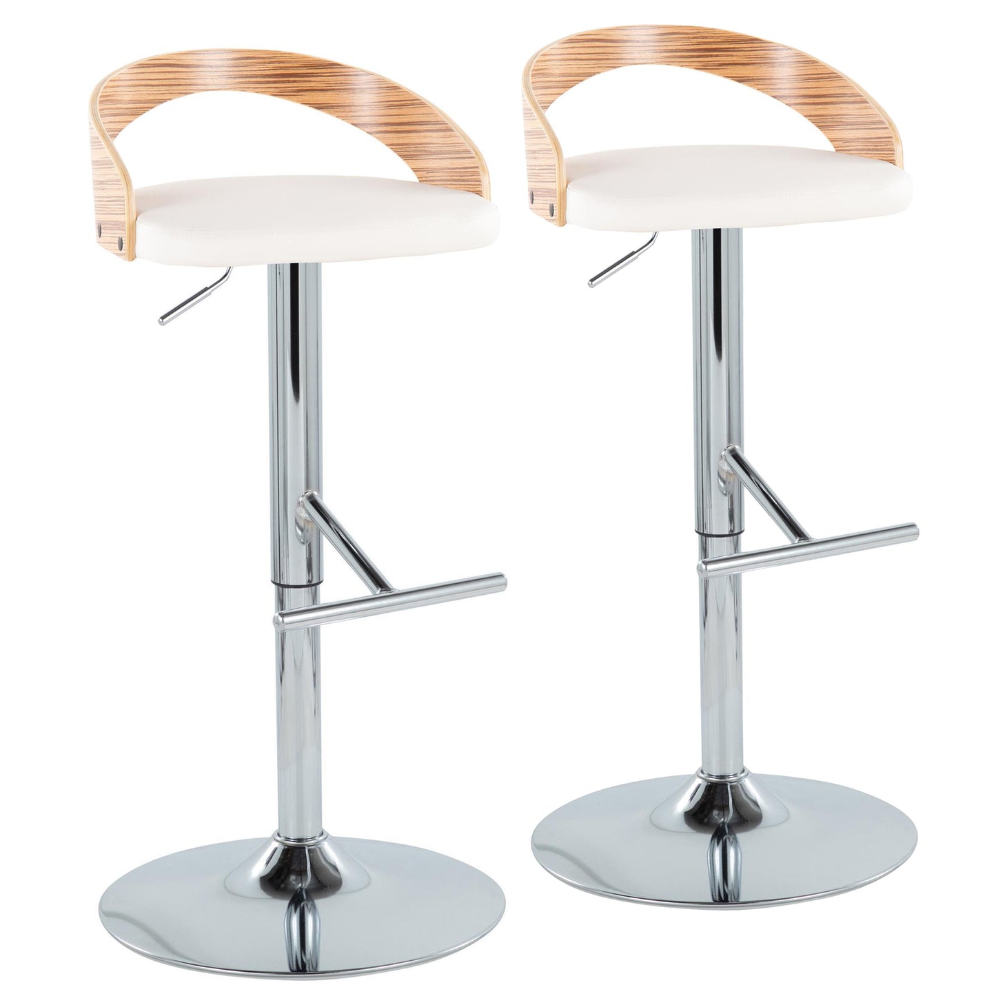 Mid-Century Modern Adjustable Height Barstool with Swivel in Chrome Metal, Zebra Wood and White Faux Leather with Straight T Footrest - Set of 2